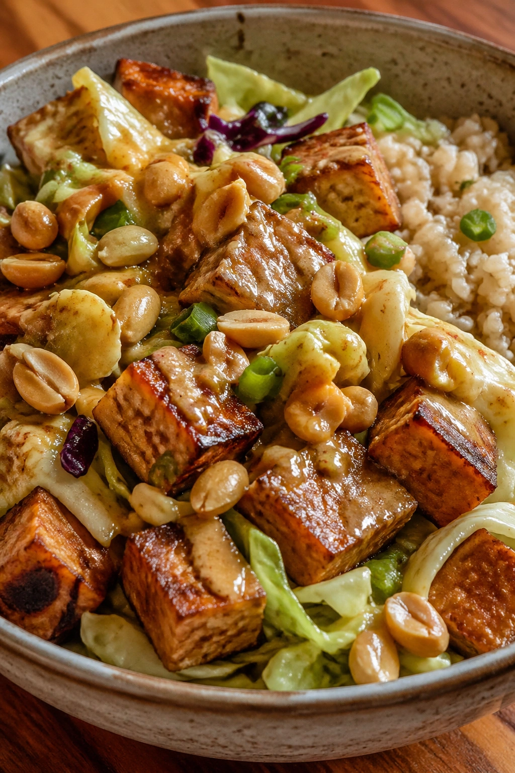 Close-up of Tempeh Peanut Cabbage Salad in a rustic bowl with tempeh, cabbage, rice, and peanuts