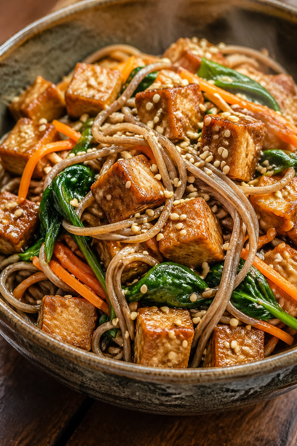 Close-up of tempeh soba noodles in a rustic bowl, plant-based post-workout meal