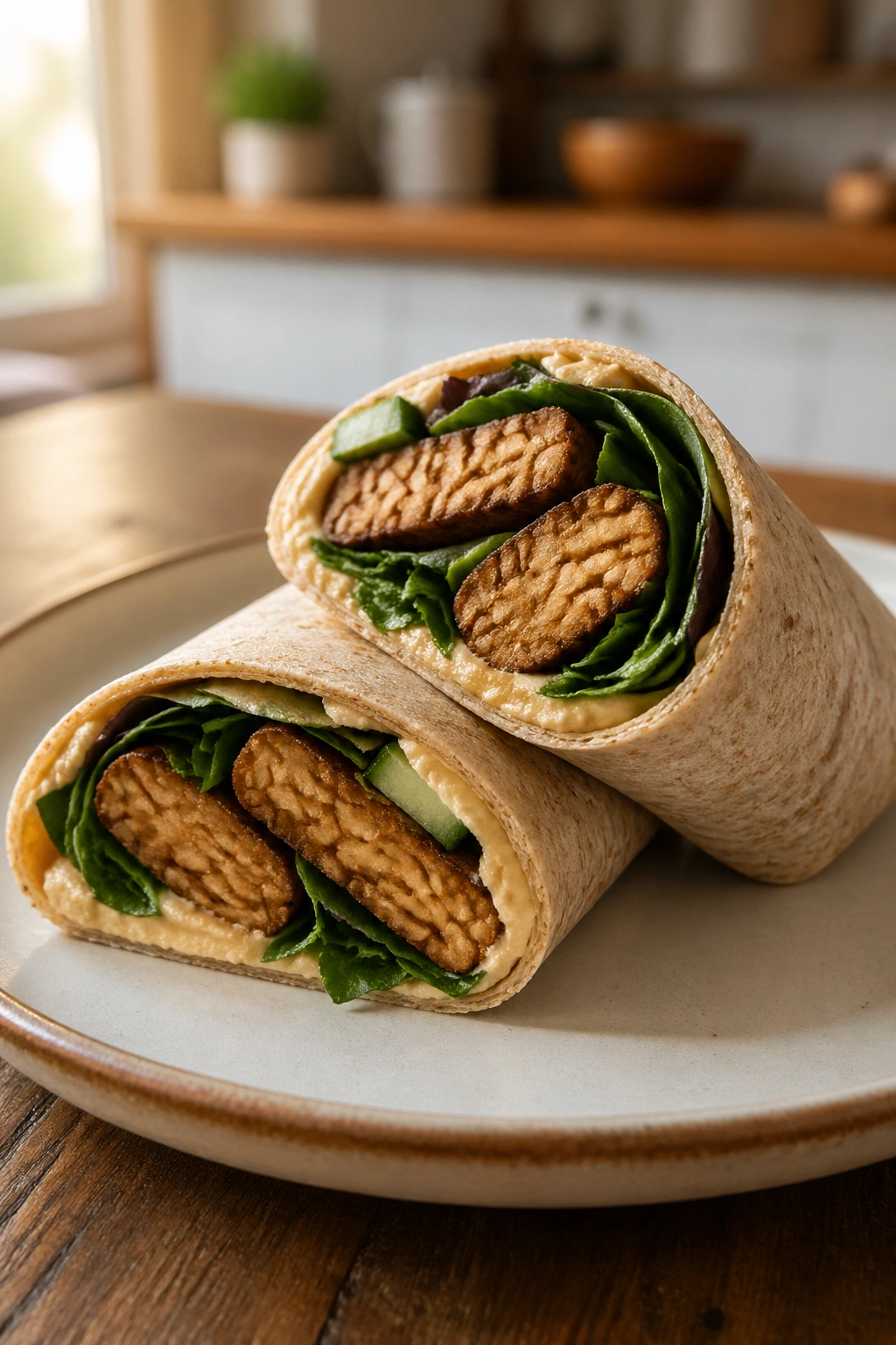 Half tempeh wrap with hummus and greens on plate in kitchen setting