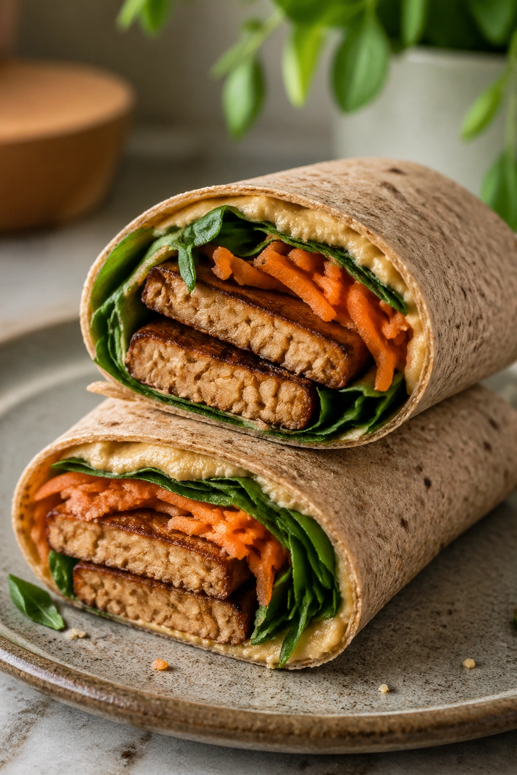 Sliced tempeh wrap with hummus and vegetables on a rustic plate