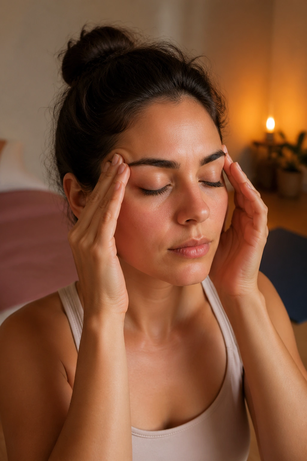 Close-up of person performing temple massage to relieve eye tension