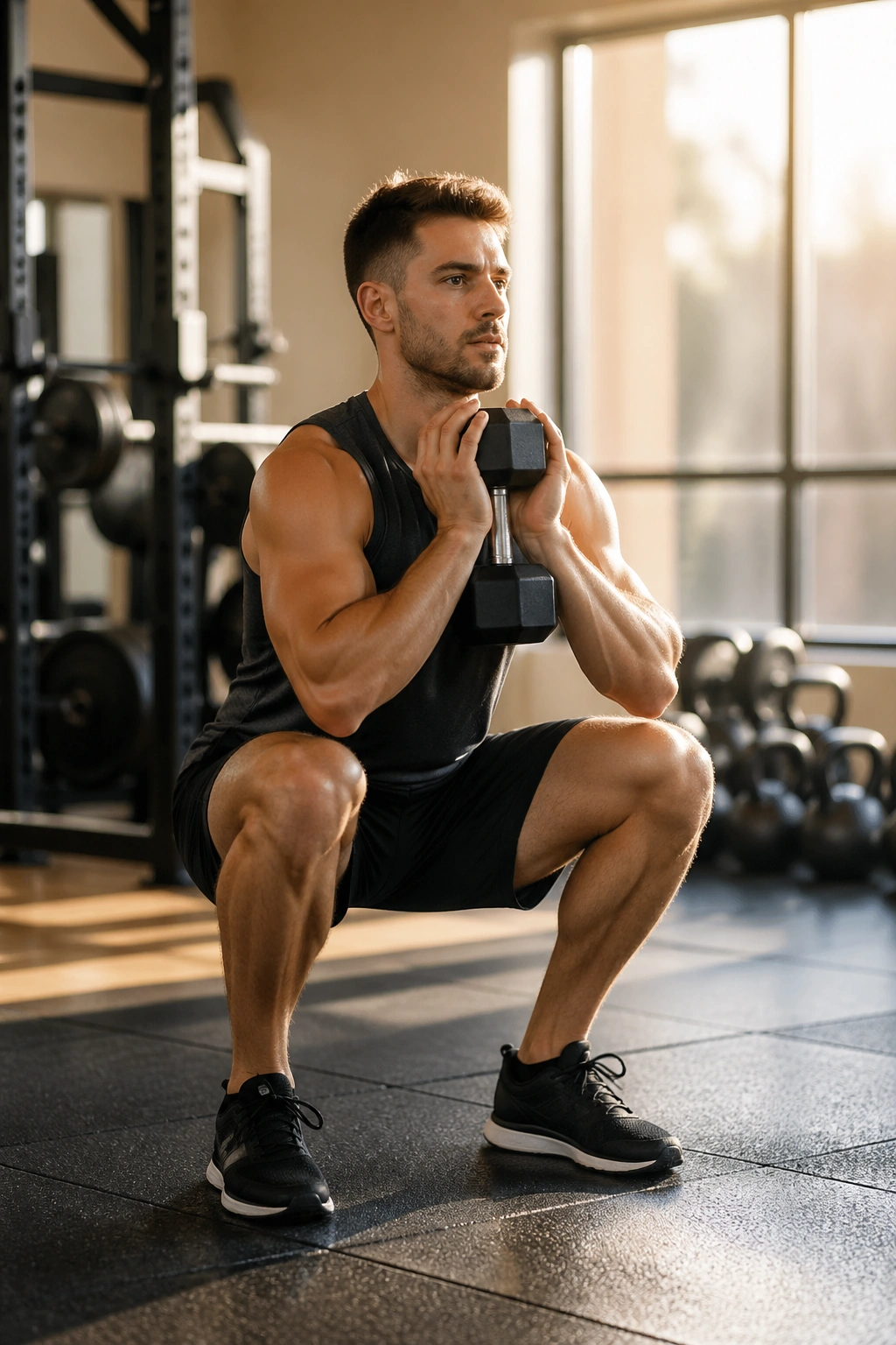 Athlete performing tempo goblet squat in a gym