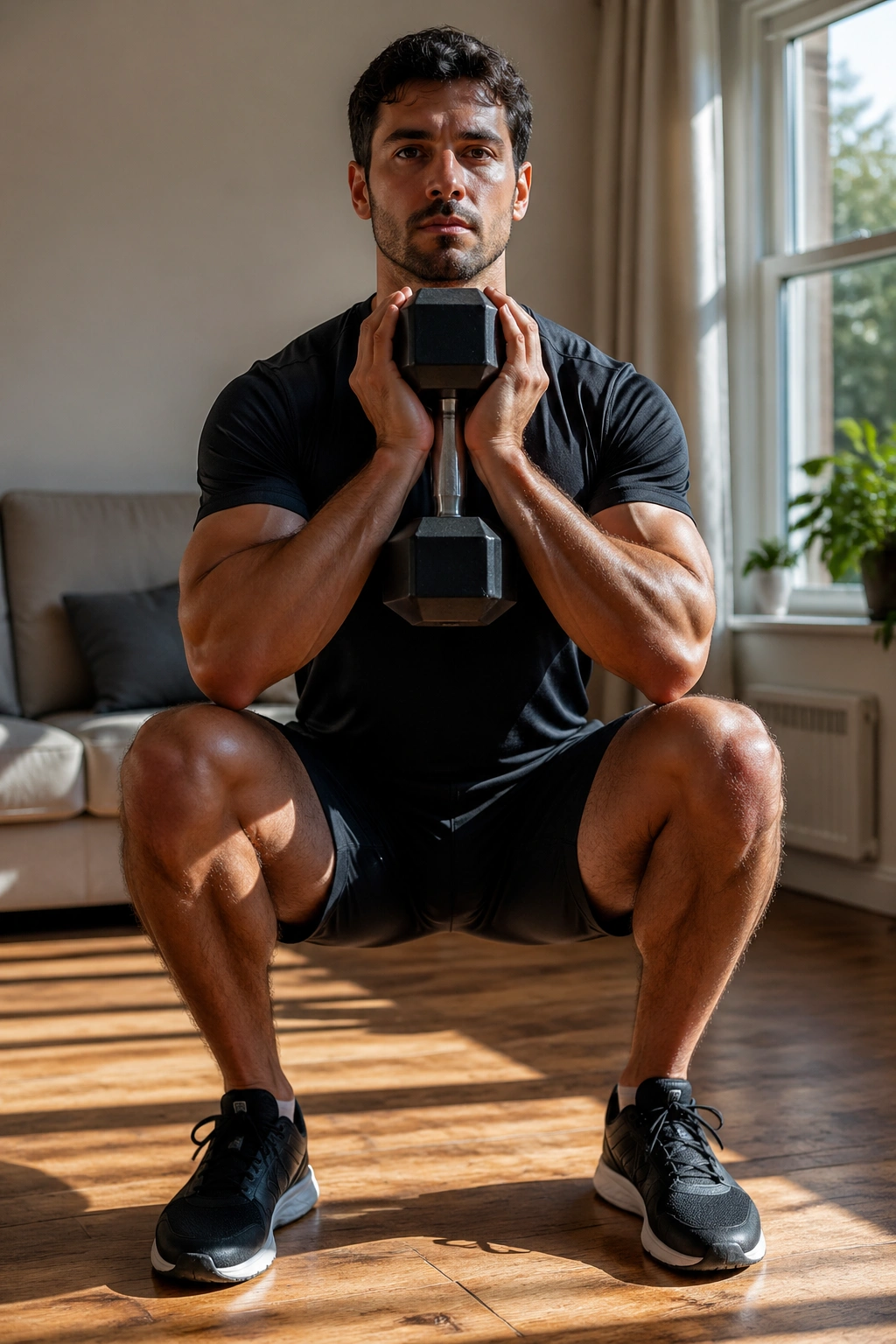 Person doing tempo goblet squats with slow descent in a home setting.