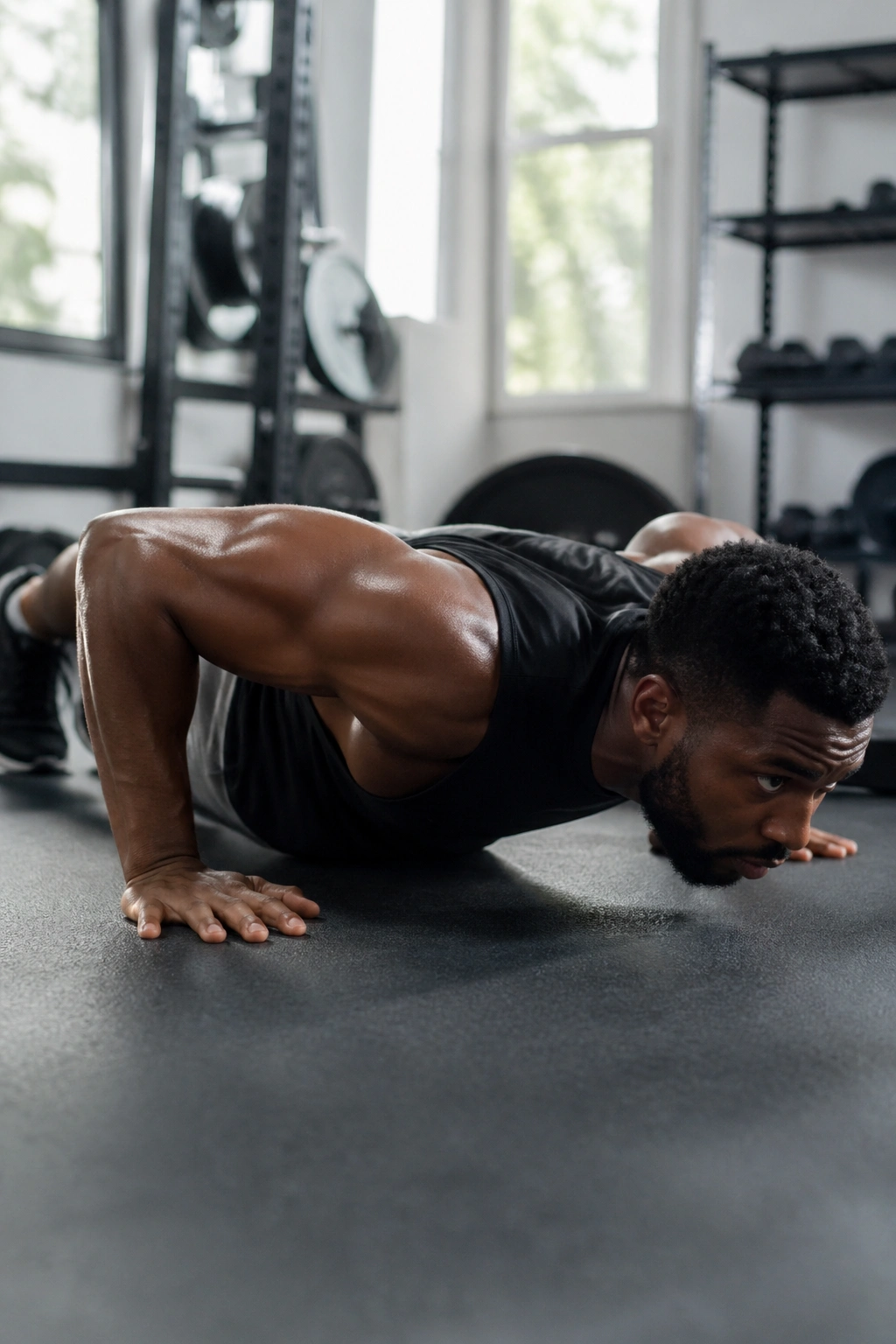 Close-up of a real person doing a tempo push-up with a slow controlled descent