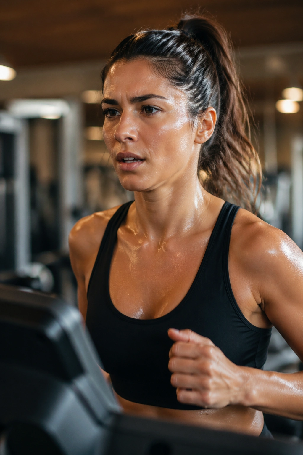 Close-up of a person running at tempo pace on a treadmill in a gym