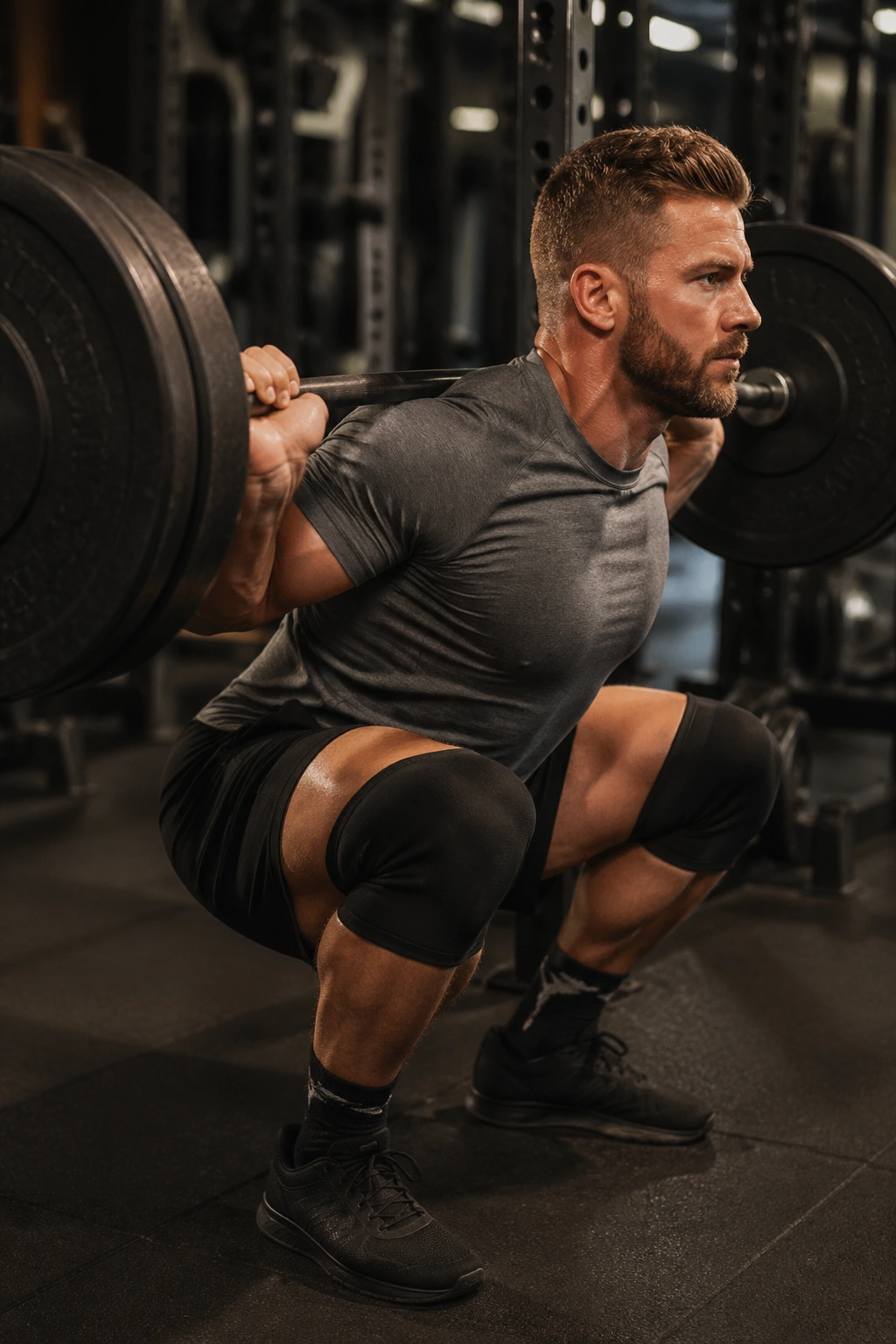 Close-up of lifter performing tempo squat with controlled descent in gym