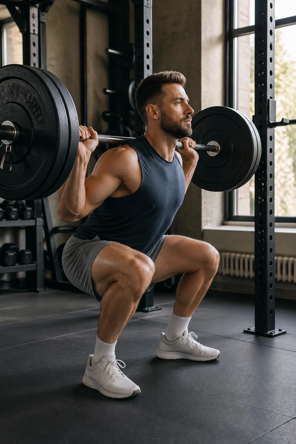 Lifter performing a tempo squat with slow descent in a gym