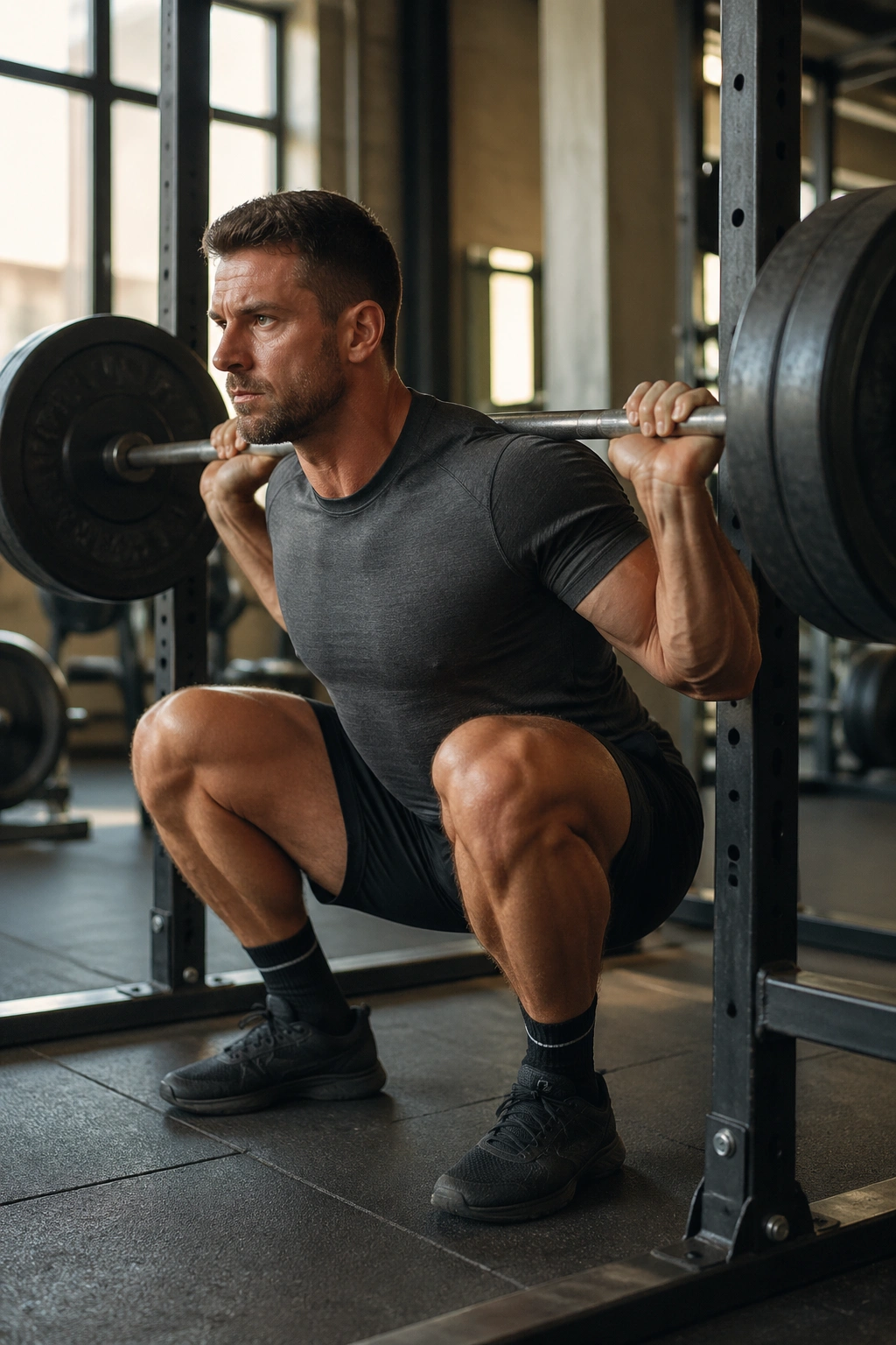 Athlete performing tempo pause squat with barbell in a gym