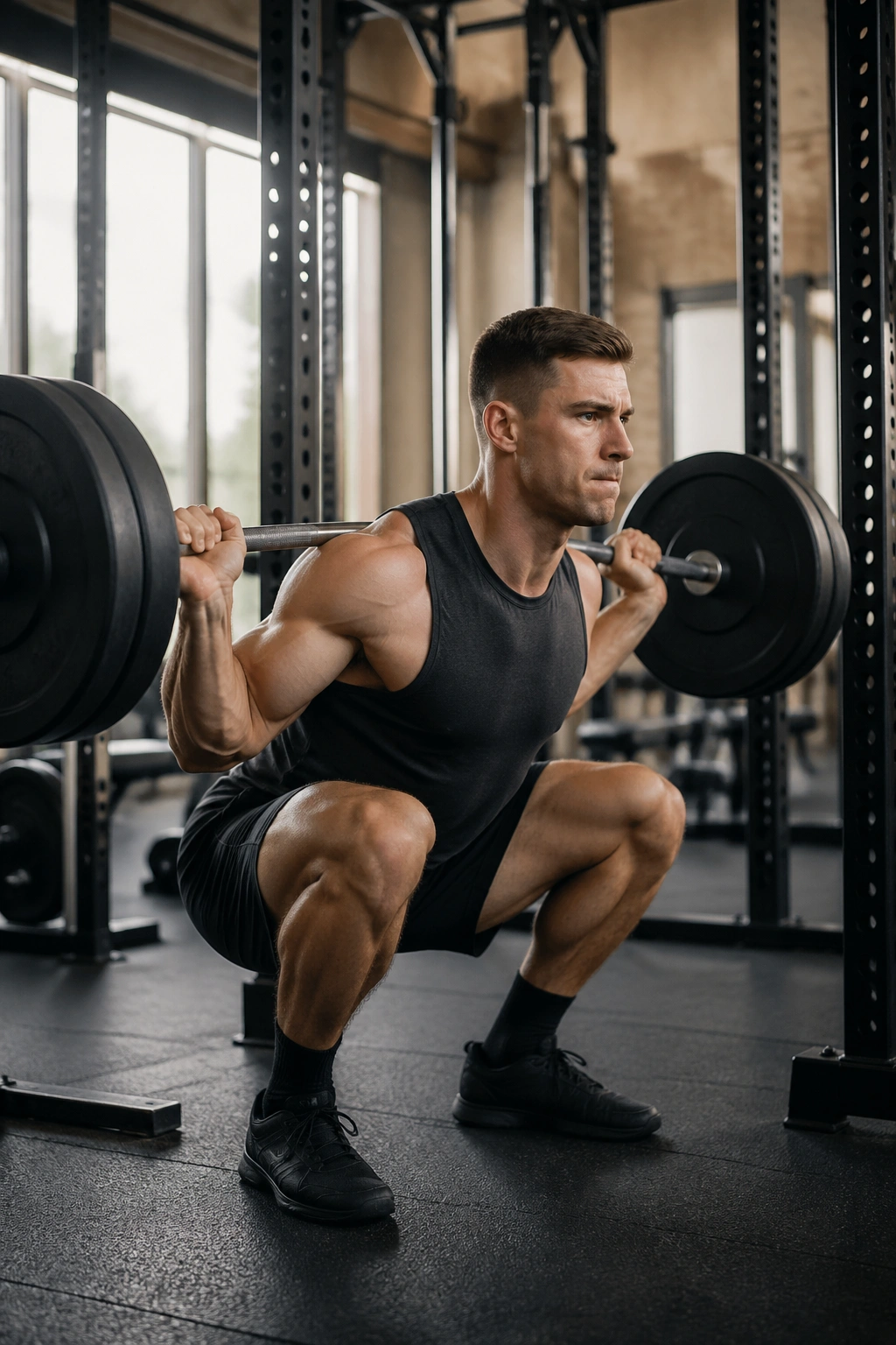 Lifter performing tempo squat with slow descent and pause in gym
