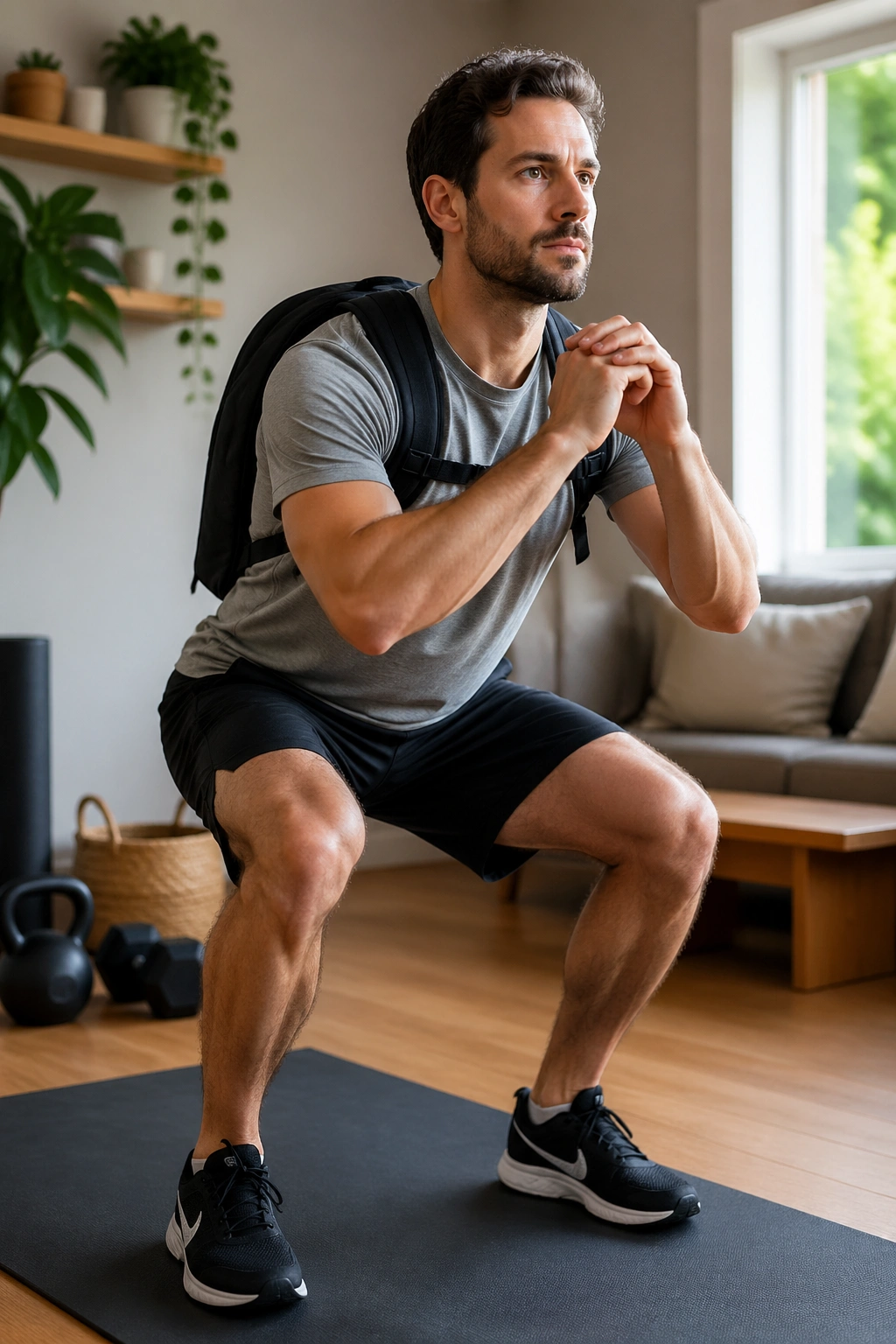 Person performing a quick strength circuit in a small home gym space.