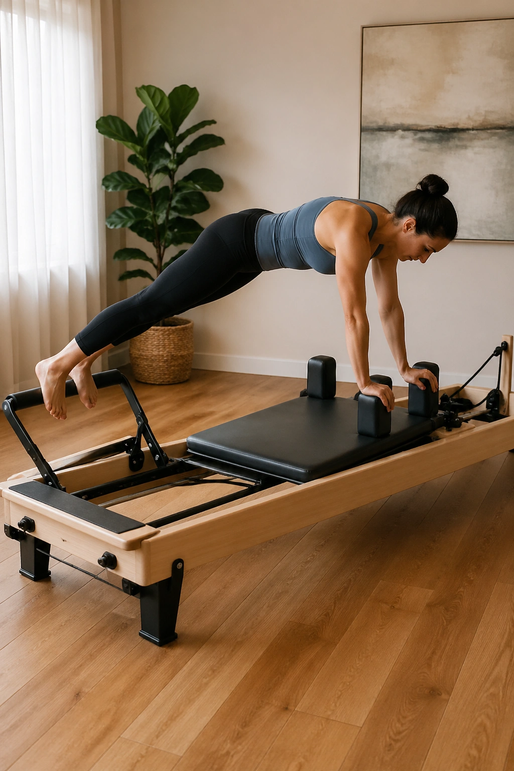 Full-body shot of Tendon Stretch Balance Holds on a reformer with toes on the bar and hips level