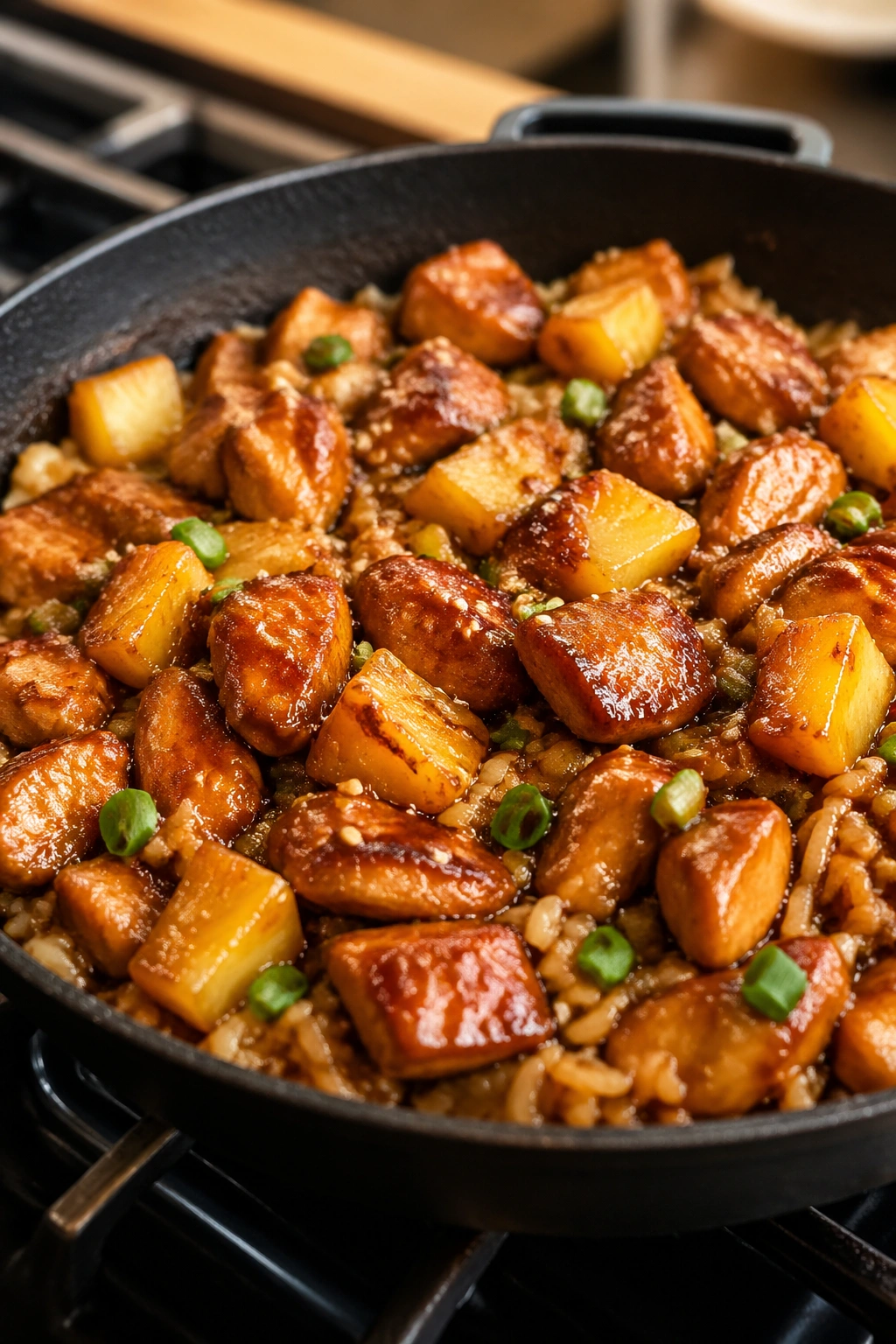 Skillet with teriyaki chicken, pineapple and rice