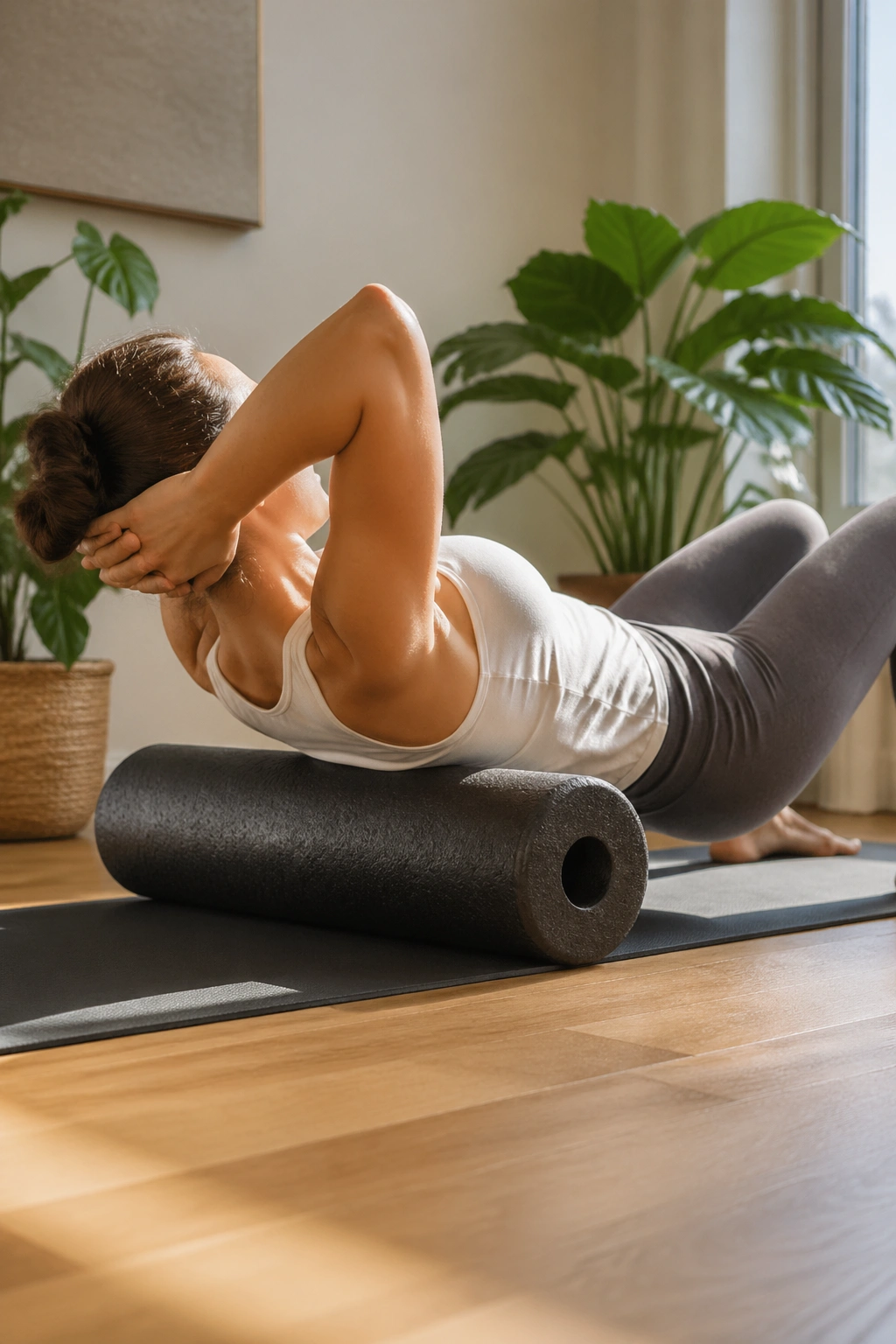 Upper back extension over foam roller for thoracic mobility