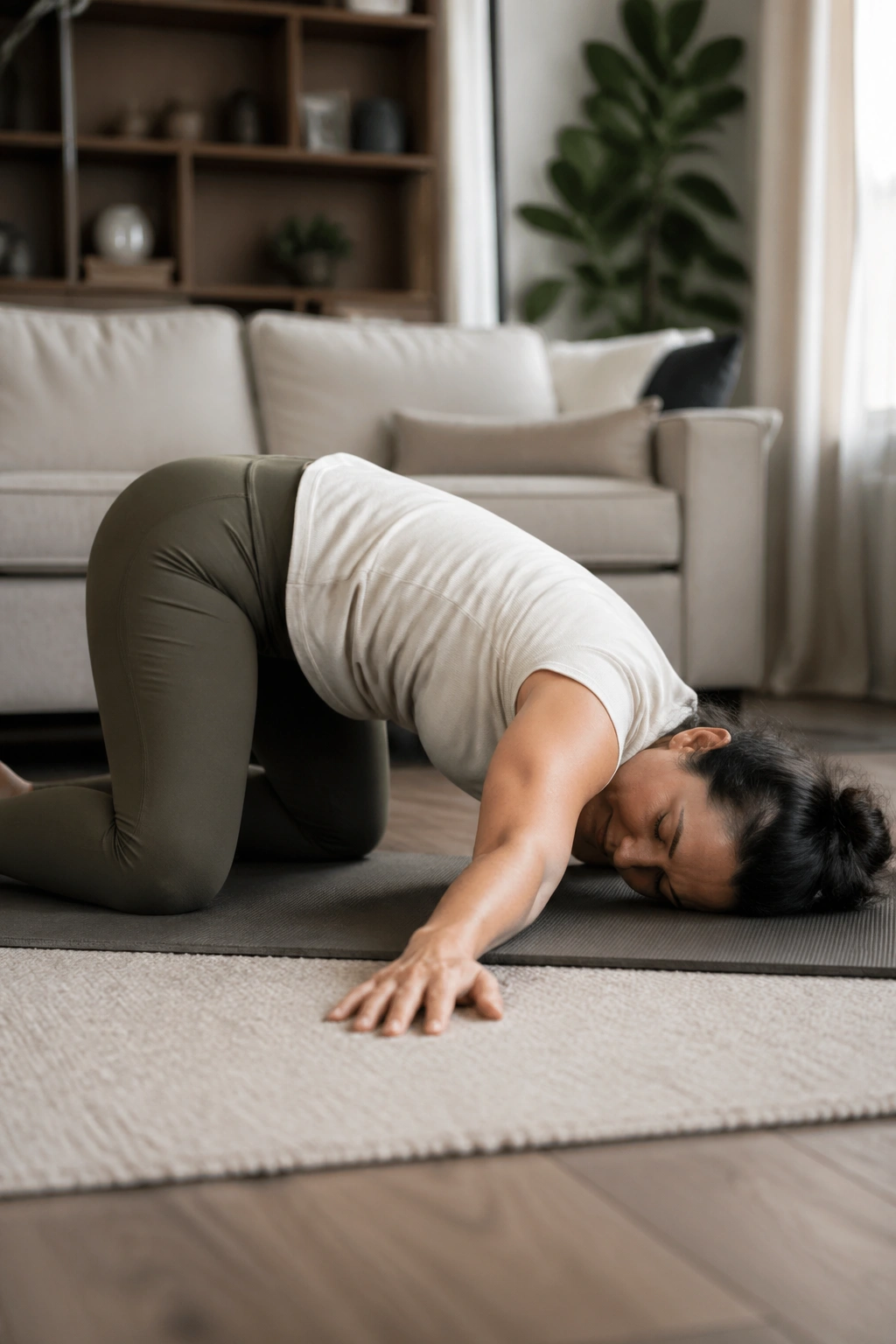 Real person performing Thread the Needle pose on hands and knees, shoulder release