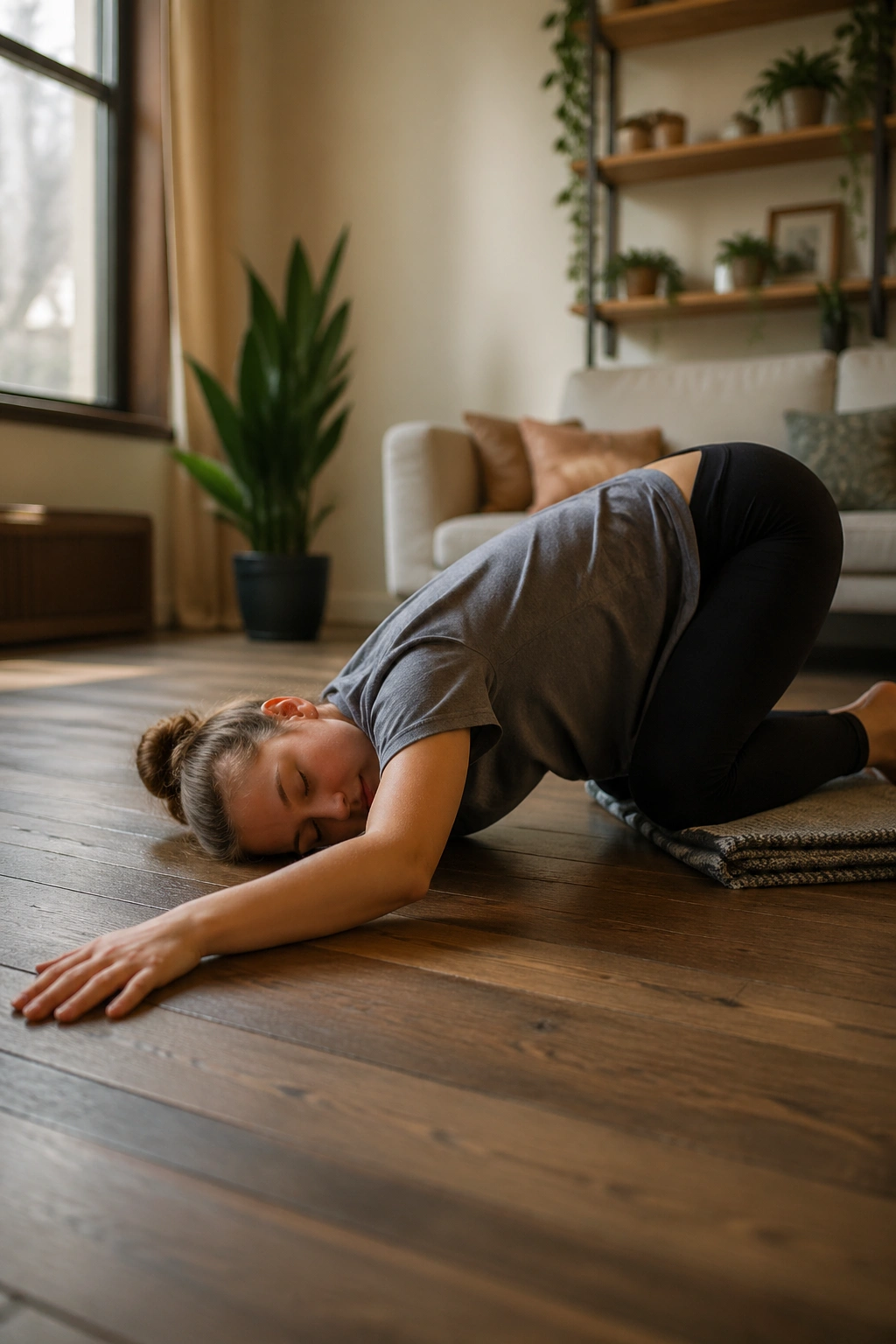 Teen threading the needle on hands and knees in a cozy room