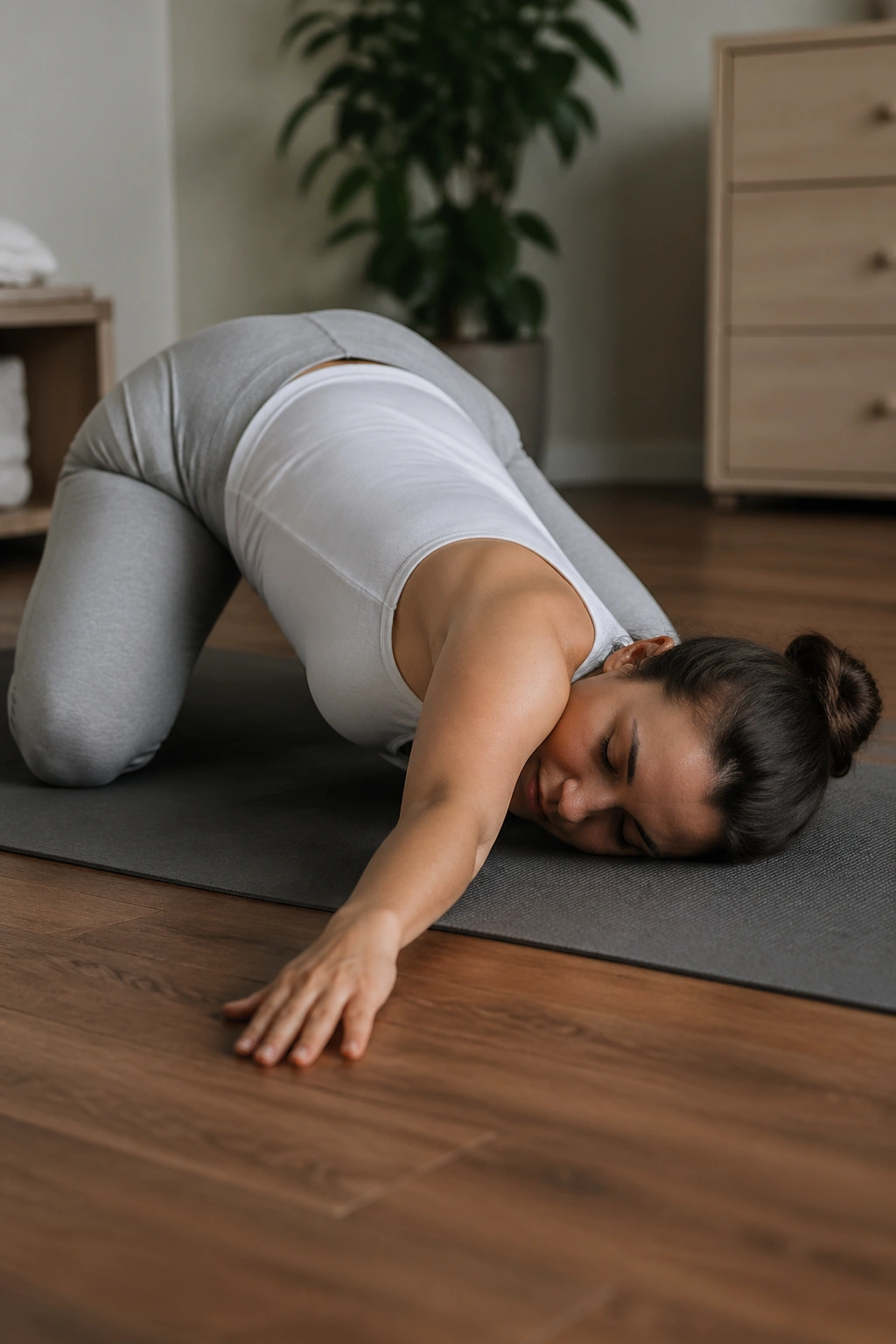 Person on hands and knees threading the needle to release shoulder tension
