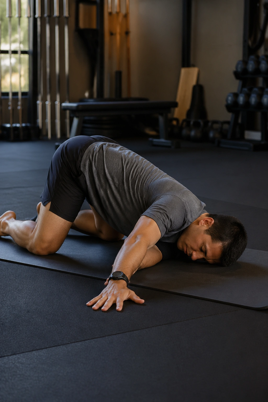Person on hands and knees performing thread-the-needle rotation for thoracic mobility