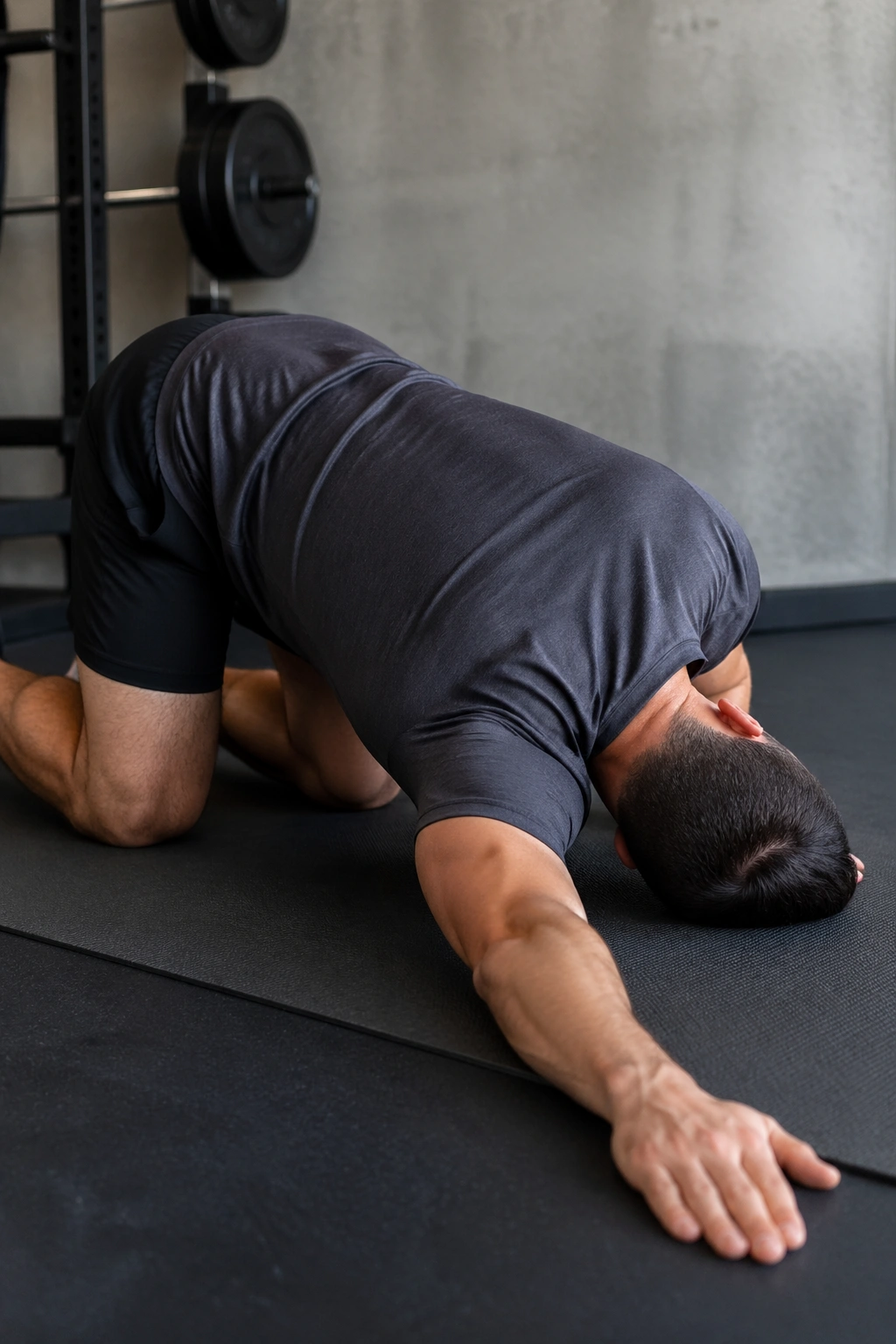 Person performing thread-the-needle stretch on hands and knees with upper back opening