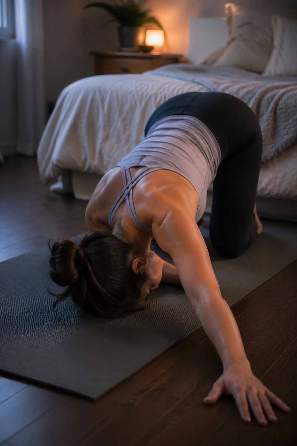 Real person performing Thread-the-Needle Shoulder Release on yoga mat in a bedroom