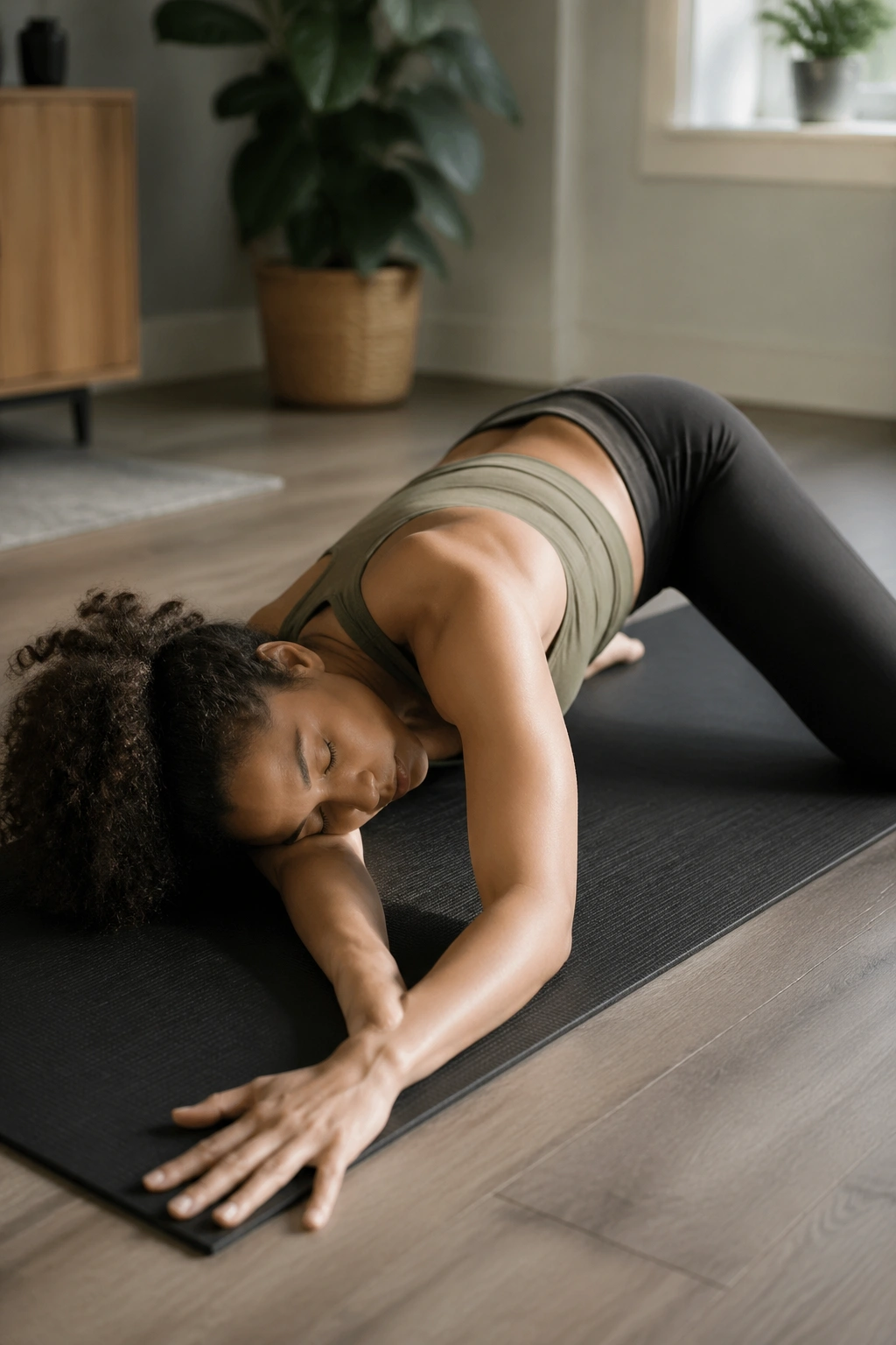 Side-profile of a person threading the needle on a mat, shoulder and temple resting on the floor.