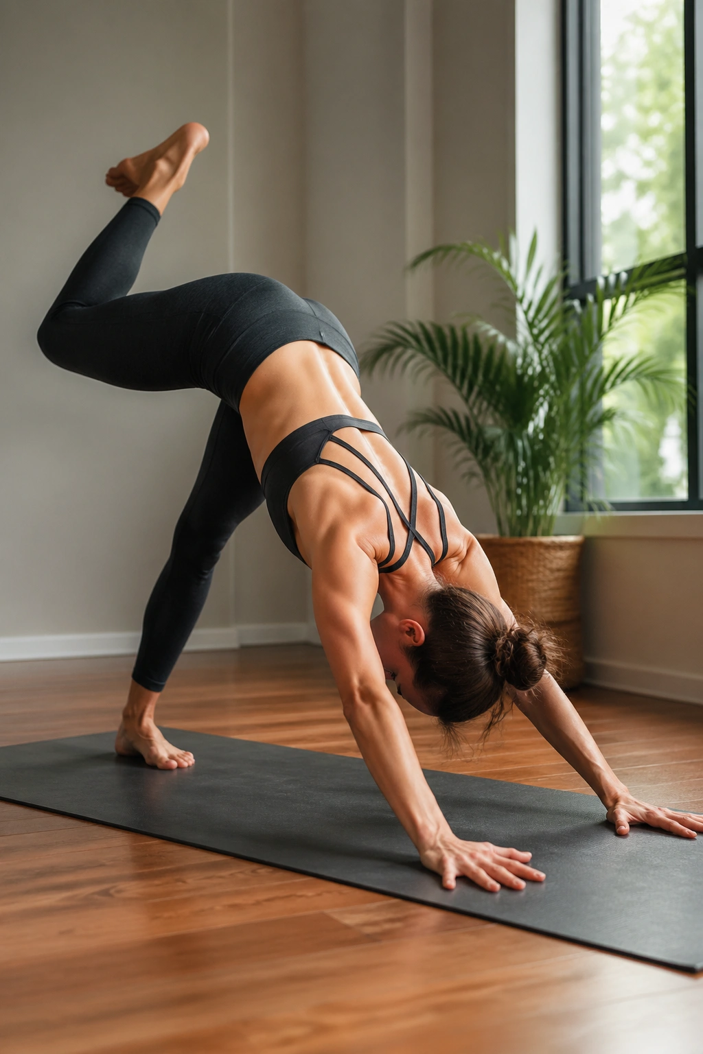 Close-up of Knee-to-Nose in Three-Legged Downward Dog with core bracing
