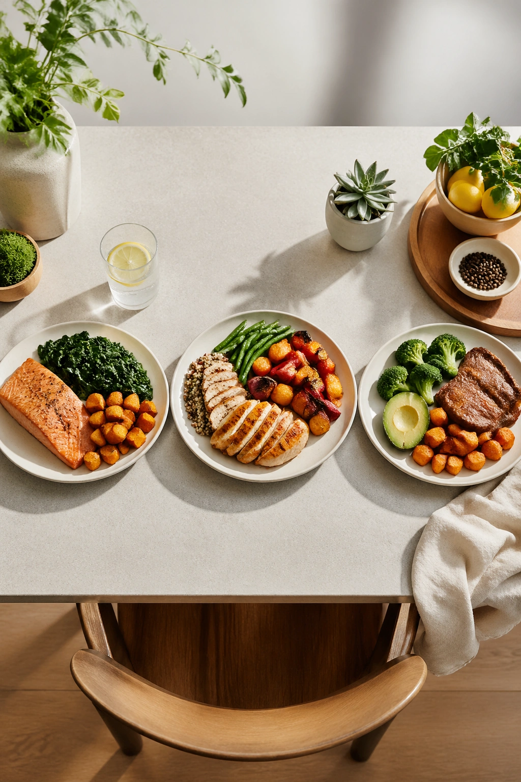 Top-down row of three plates showing balanced breakfast, lunch, and dinner meals