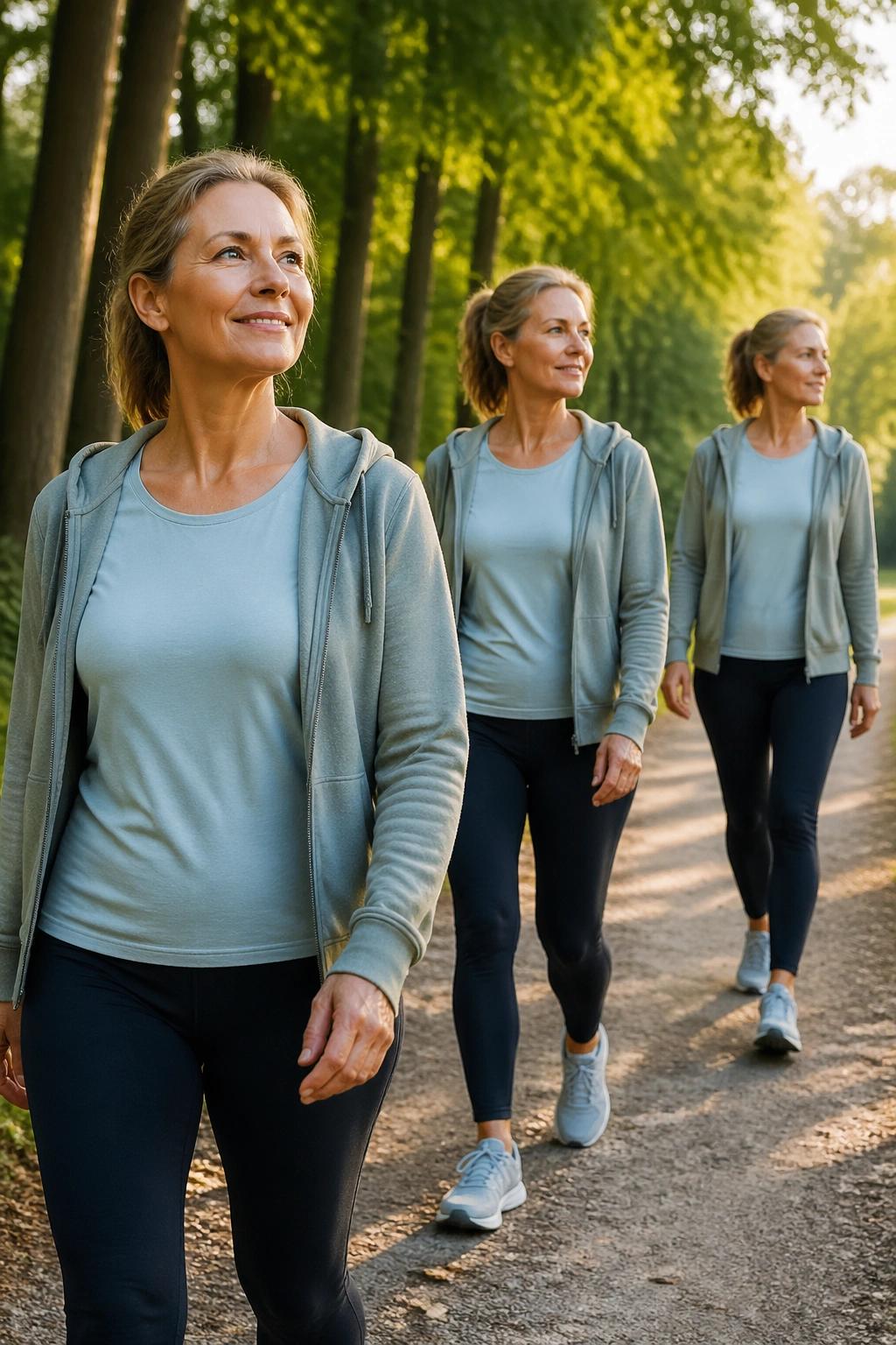 Real person walking in park with three overlapping poses representing three short walks