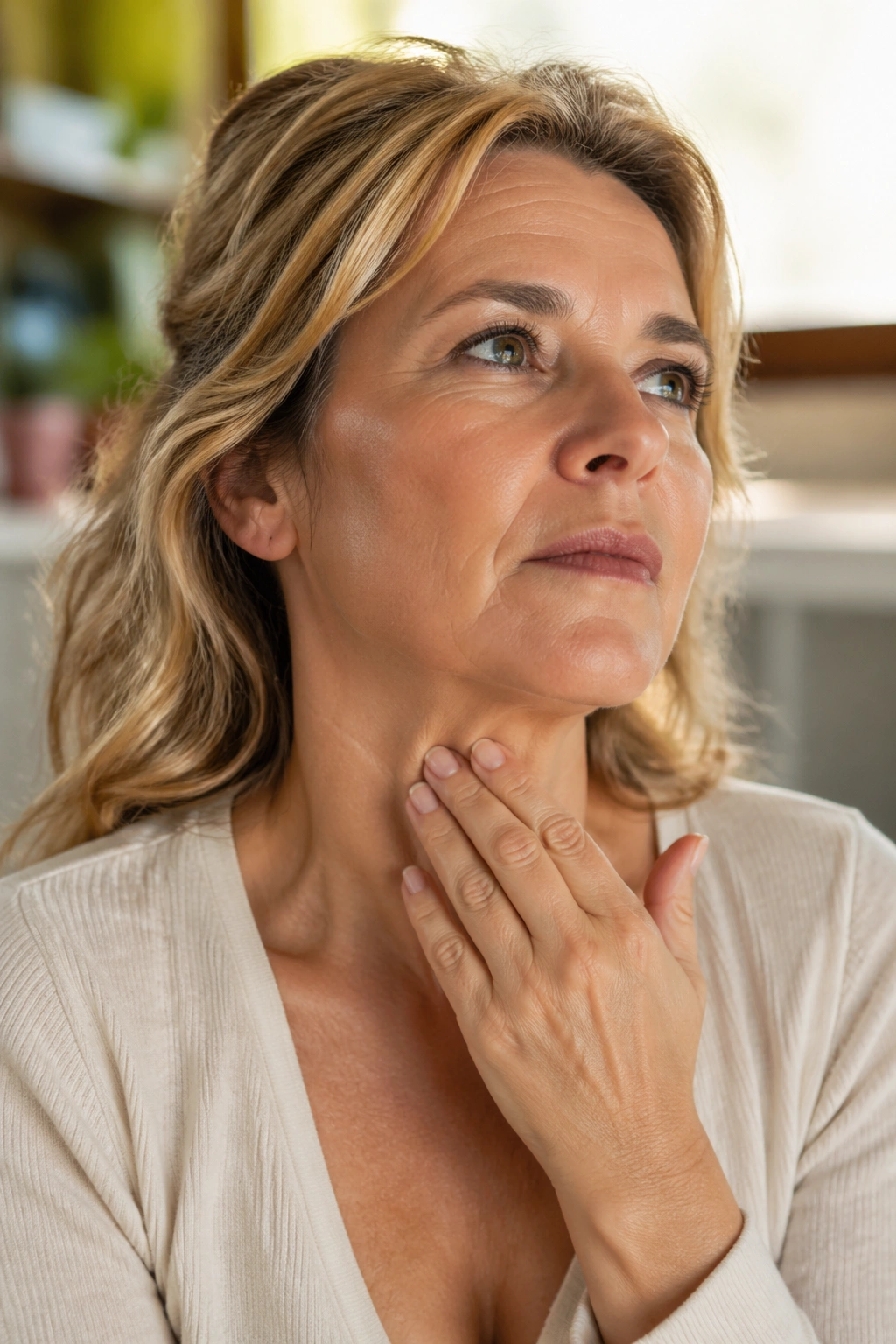 Close-up of a woman's neck with a gentle touch at the throat, suggesting thyroid issues in midlife weight concerns