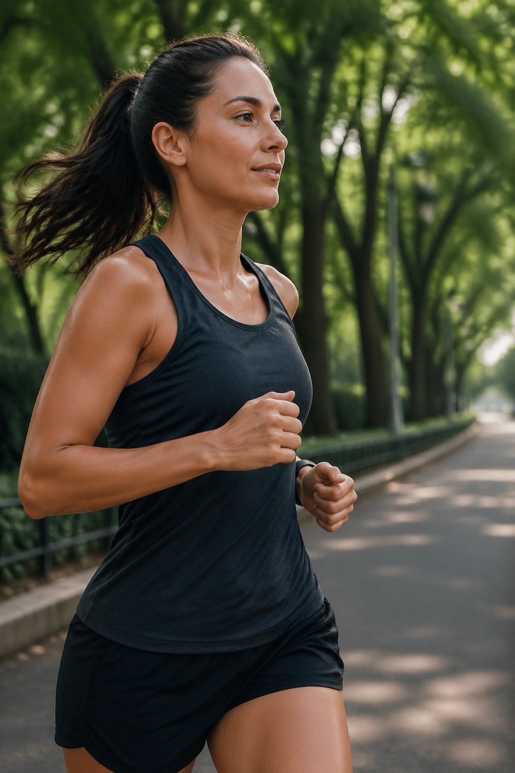 Runner mid-stride in a calm, steady aerobic run on a park loop