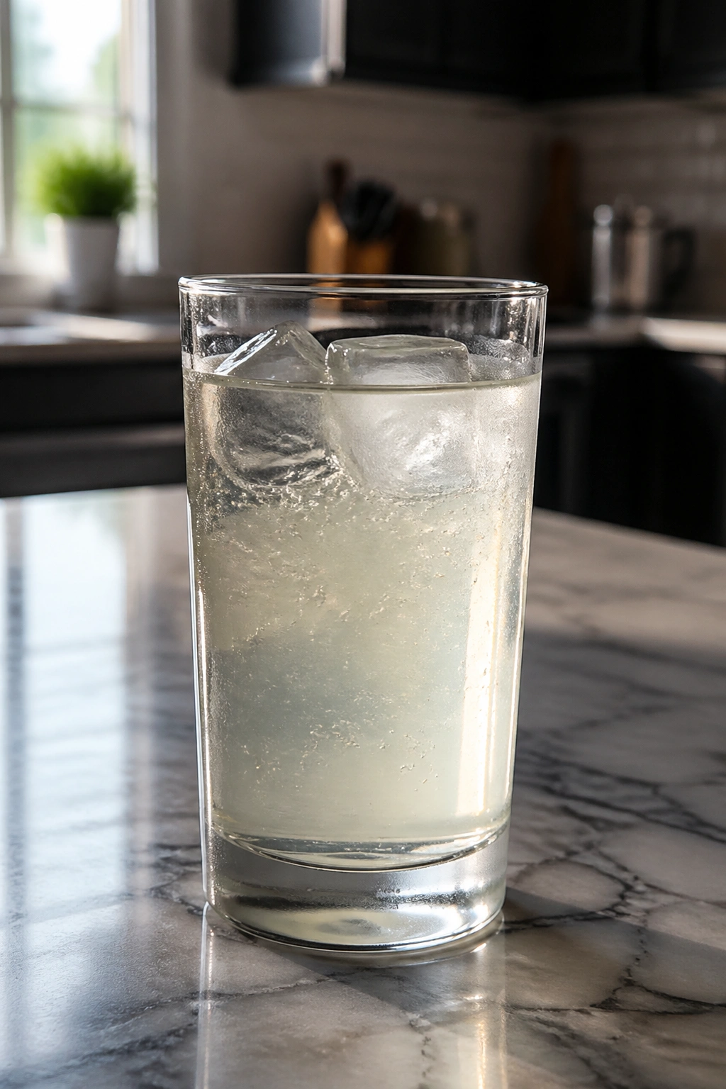 Close-up of a glass of pre-workout drink on a kitchen island illustrating timing