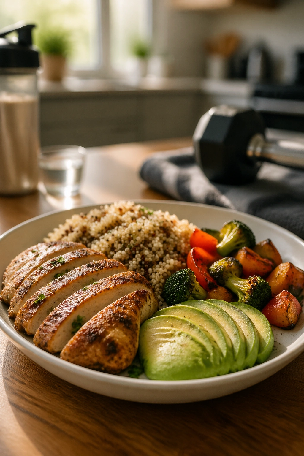 Medium close-up of a post-workout meal served after training in a home kitchen