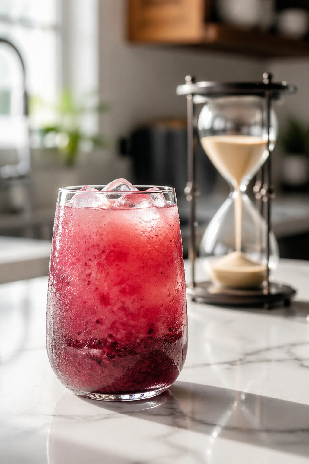 Glass of pre lift drink with an hourglass behind it in a bright kitchen, illustrating timing