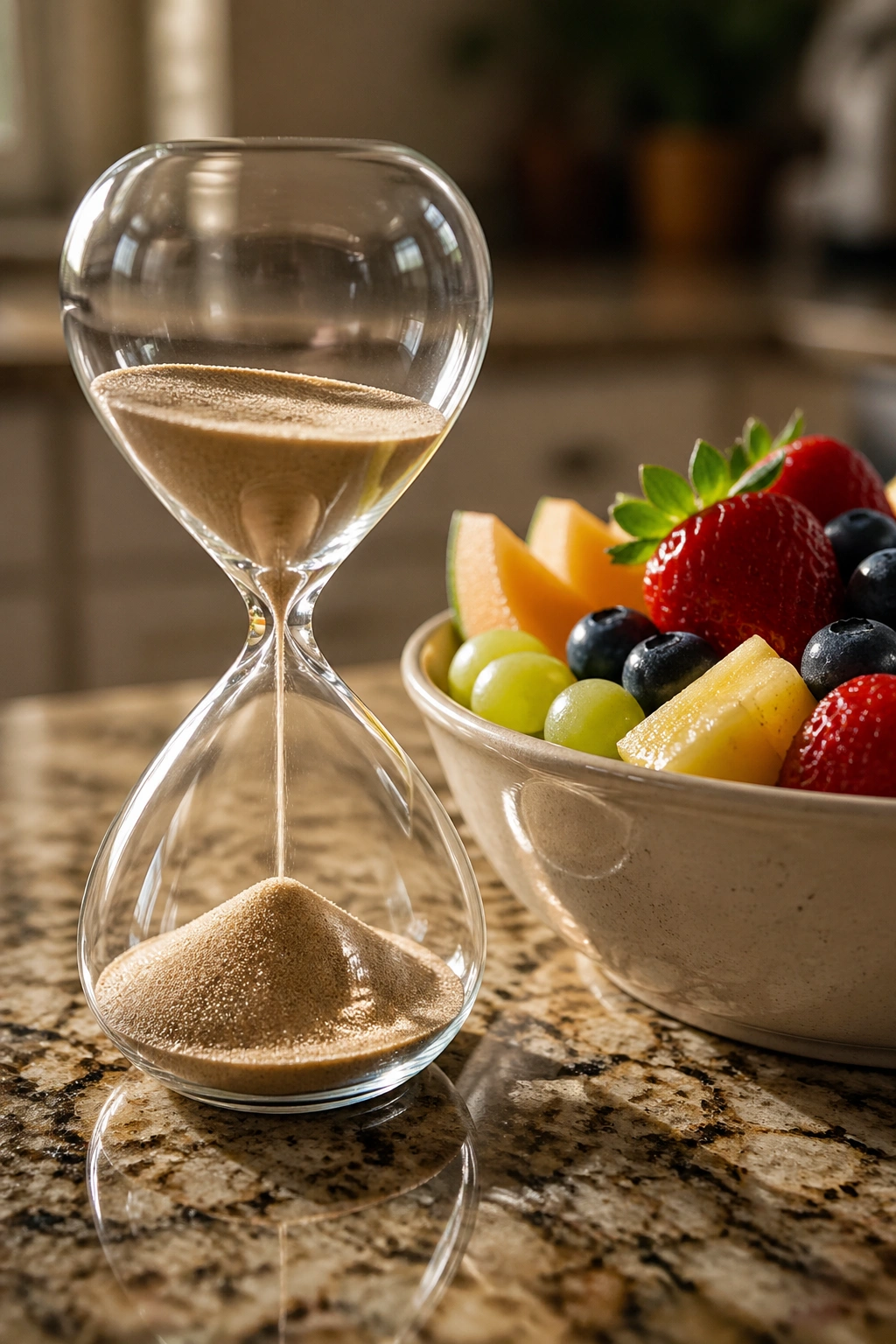 Close-up of a glass hourglass beside a bowl of mixed fruit on a granite counter