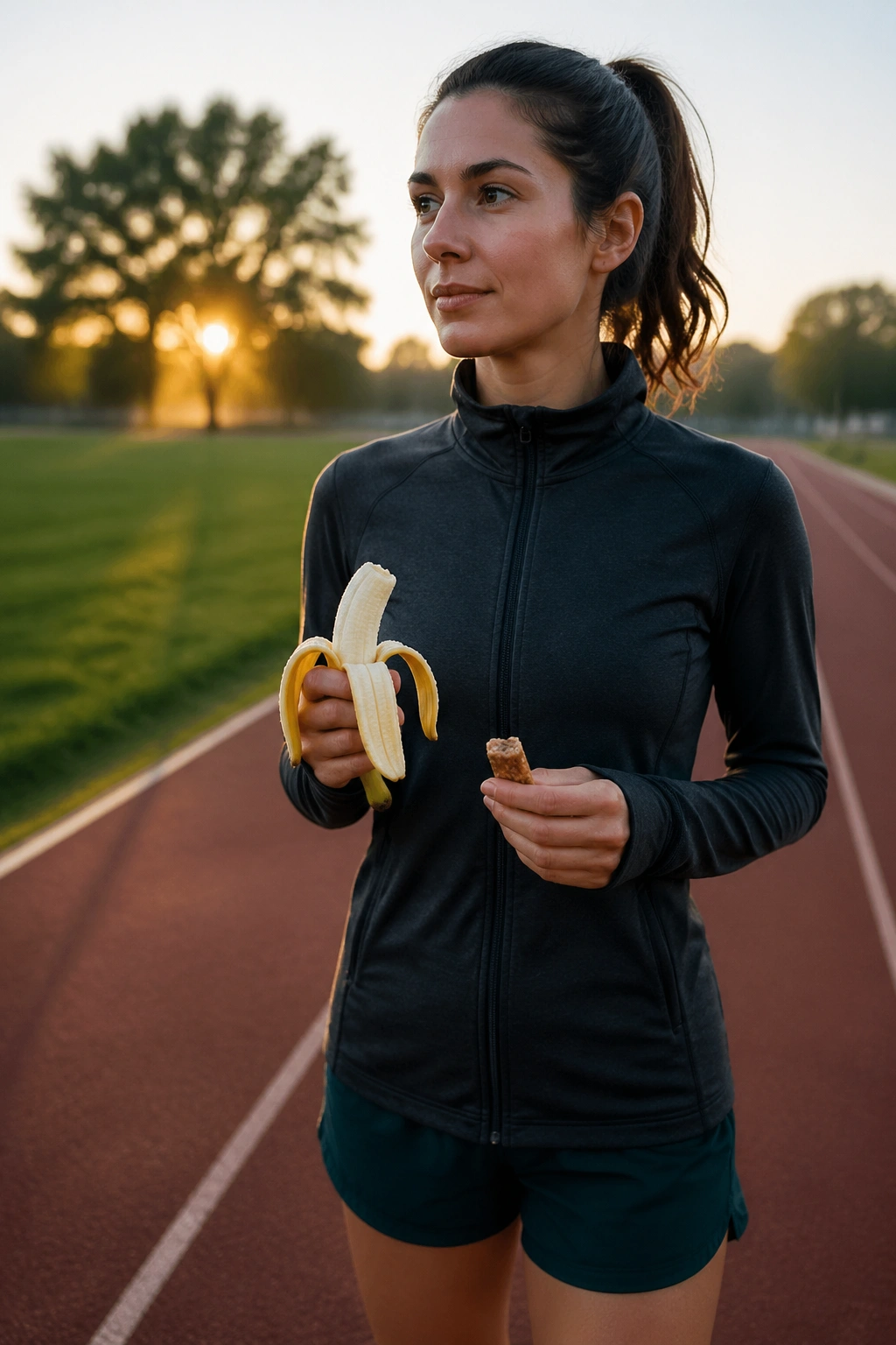 Portrait of a runner outdoors at dawn, illustrating optimal snack timing before a run.