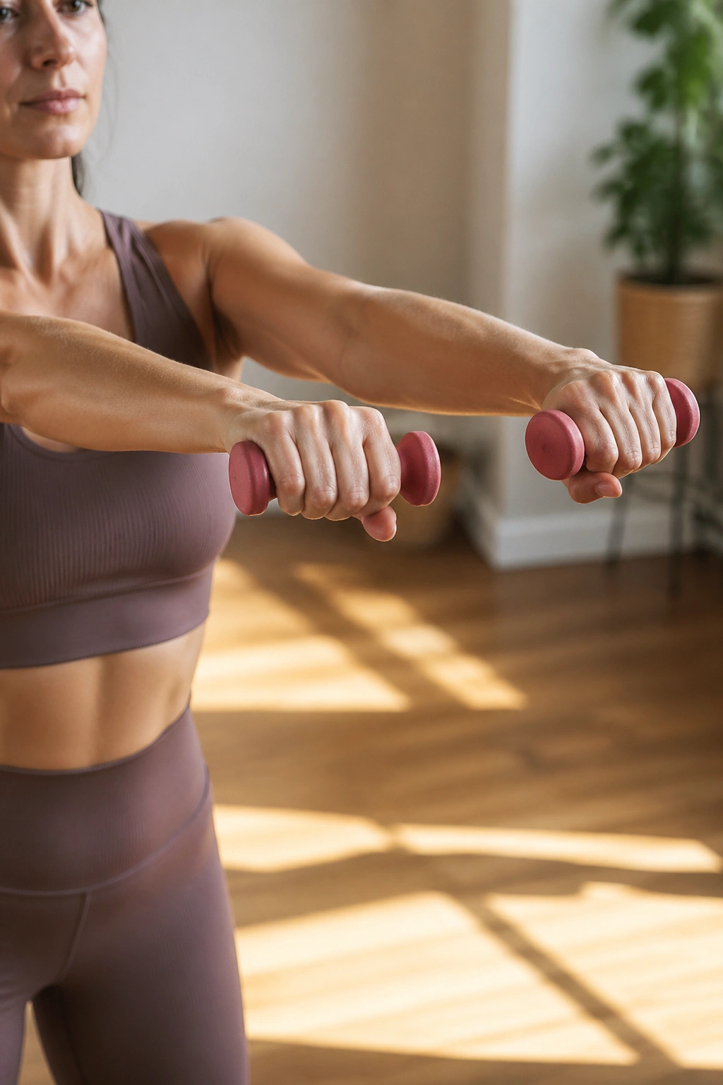 Arms and hands performing tiny circles with light dumbbells in a bright home setting.