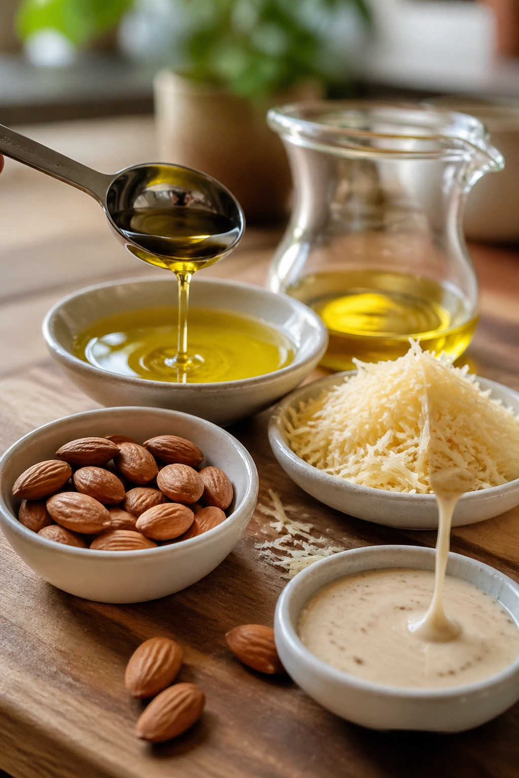 Close-up of small kitchen extras like oil, nuts, and cheese arranged on a wooden counter to illustrate mindful snacking for weight loss