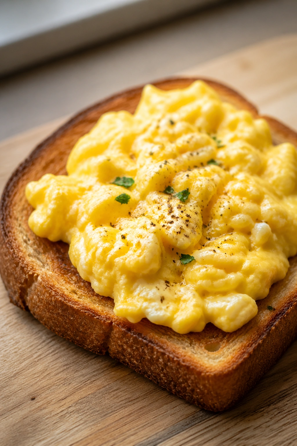 Close-up of toast with an egg on top on a light wooden table