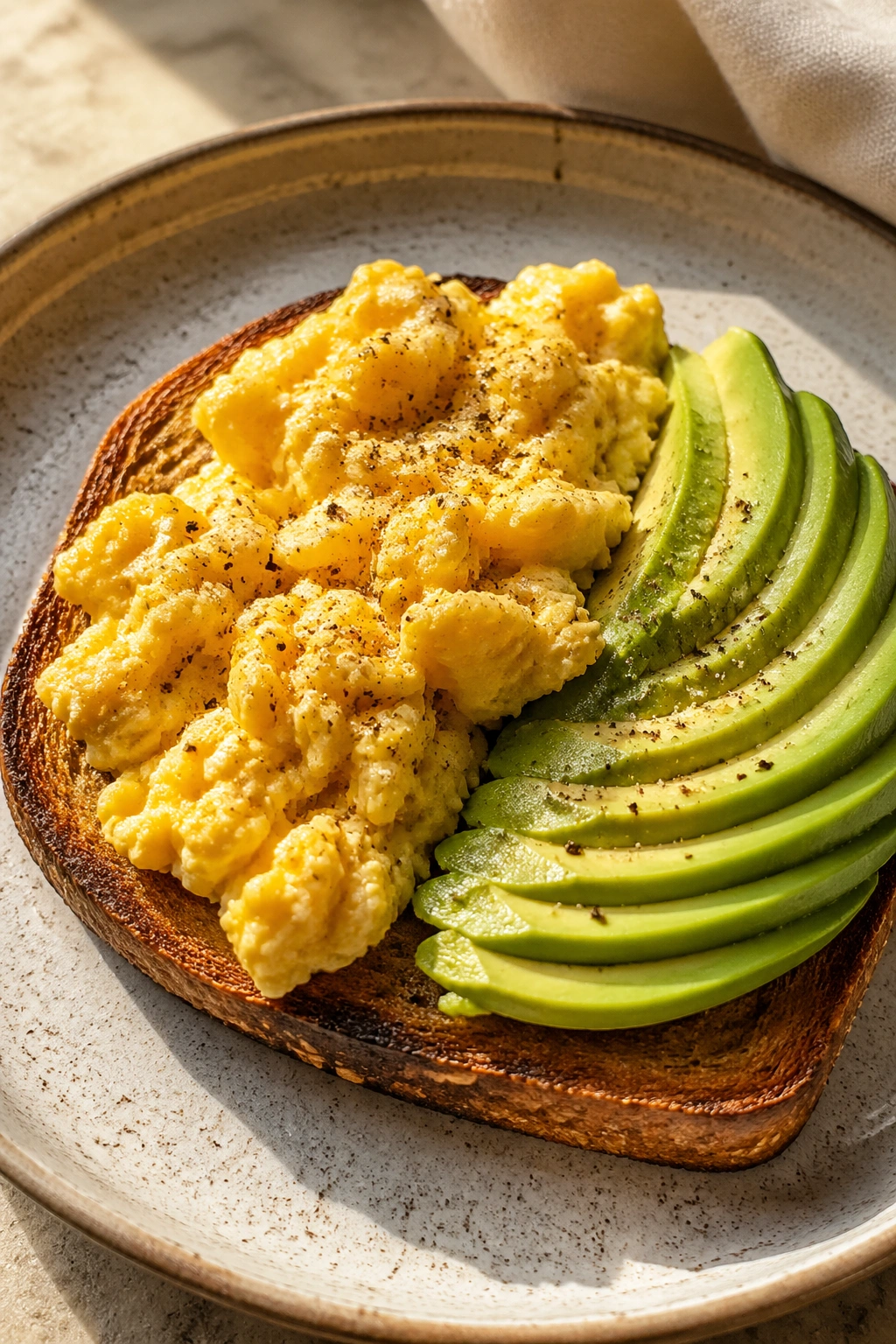 Plate of toast with scrambled eggs and avocado