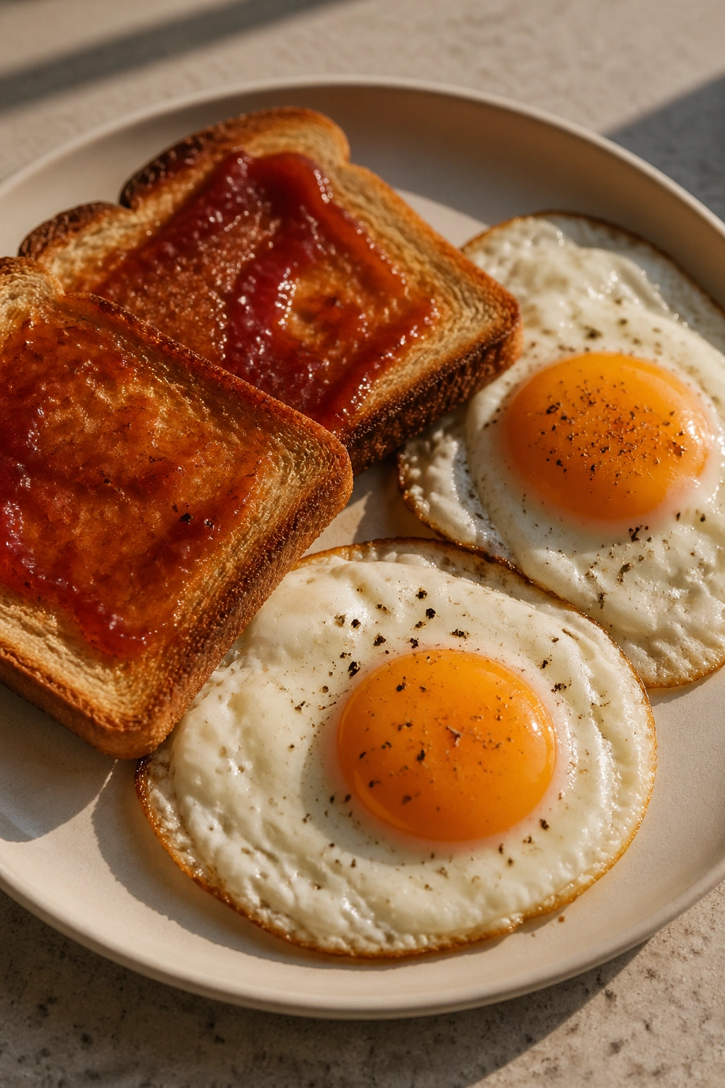 Close-up of toast with eggs and jam on a plate for pre-workout fueling