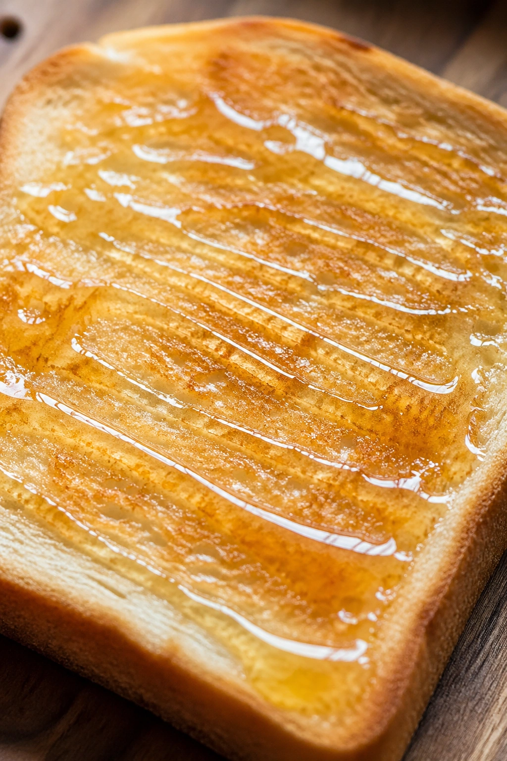 Close-up of toast with honey drizzle filling the frame
