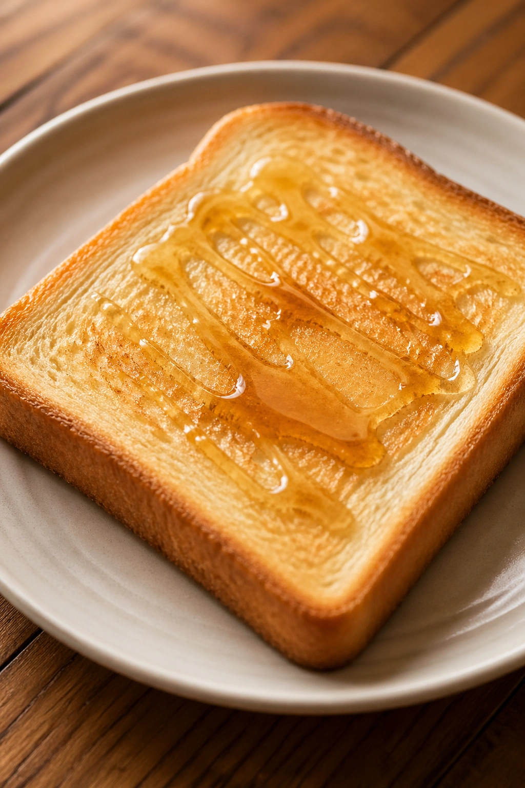 Close-up of toast with honey on a plate on a warm kitchen table.