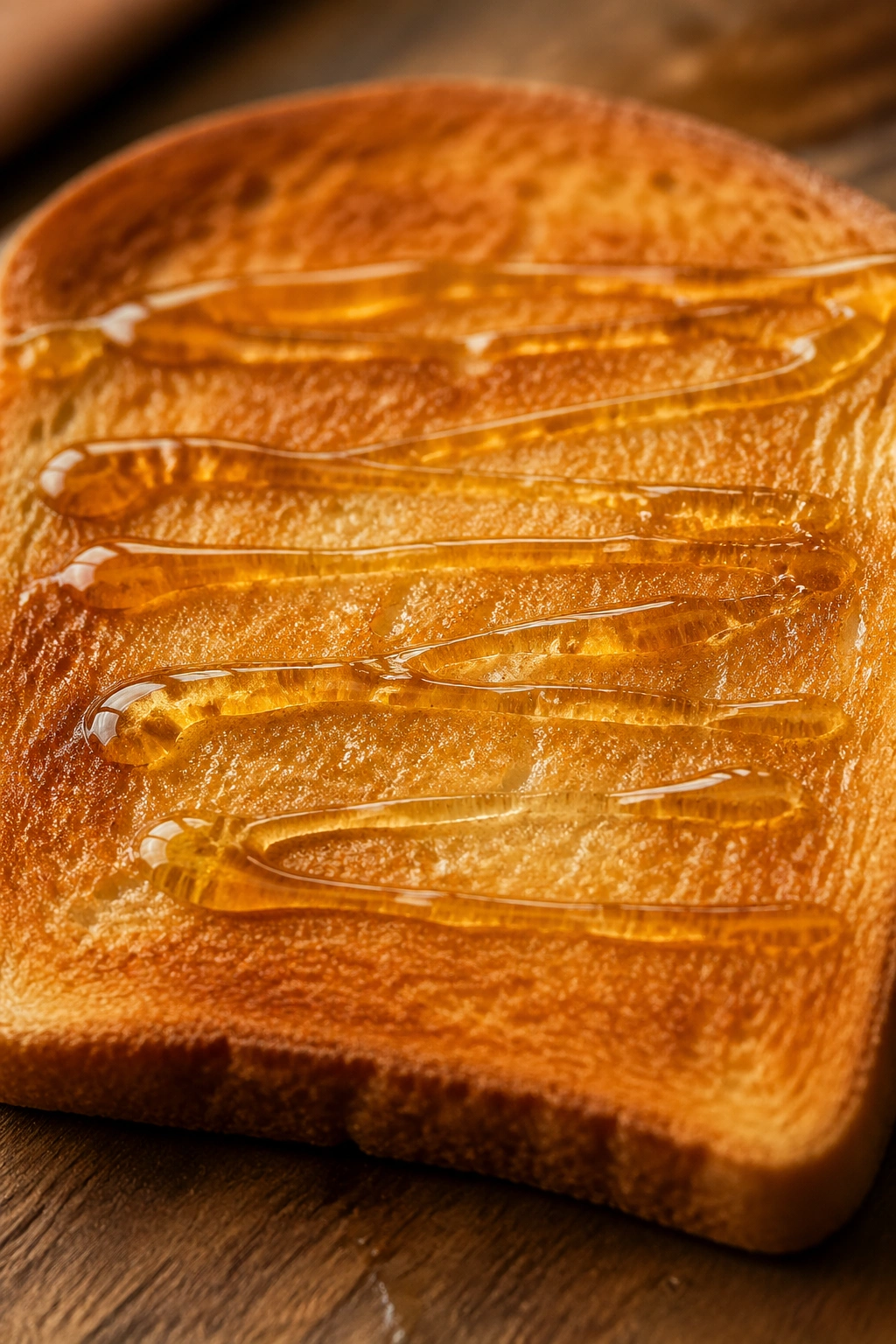Close-up of a slice of toast with honey drizzle on a warm kitchen counter