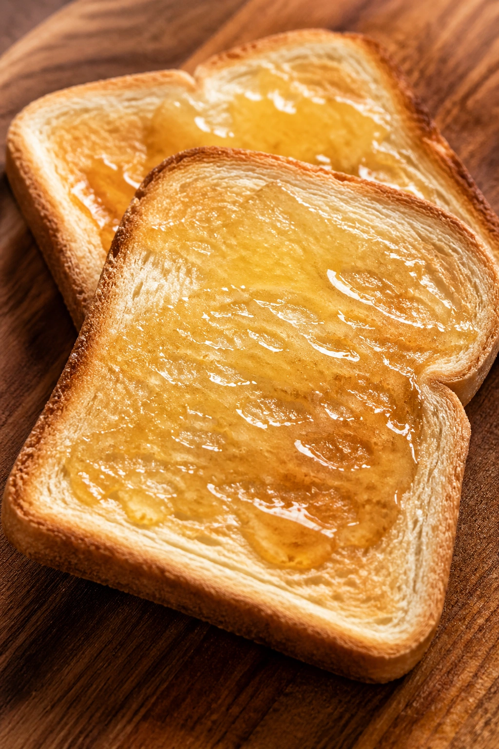 Two slices of toast with honey on a wooden board