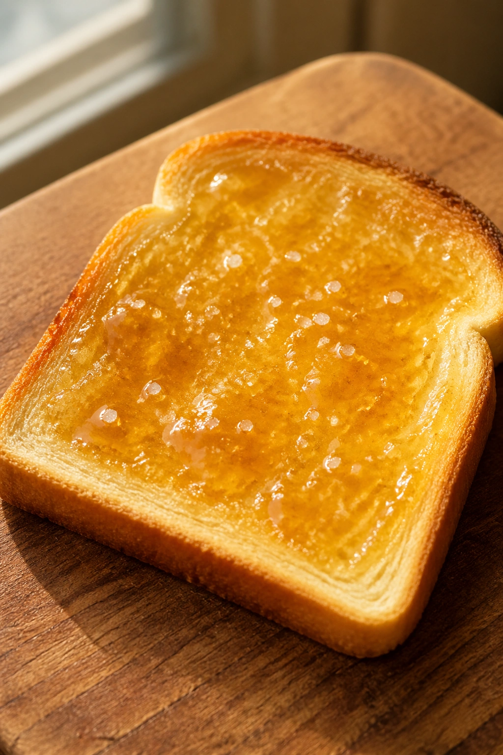 Close-up of toast with honey and salt on a wooden board, preworkout snack.