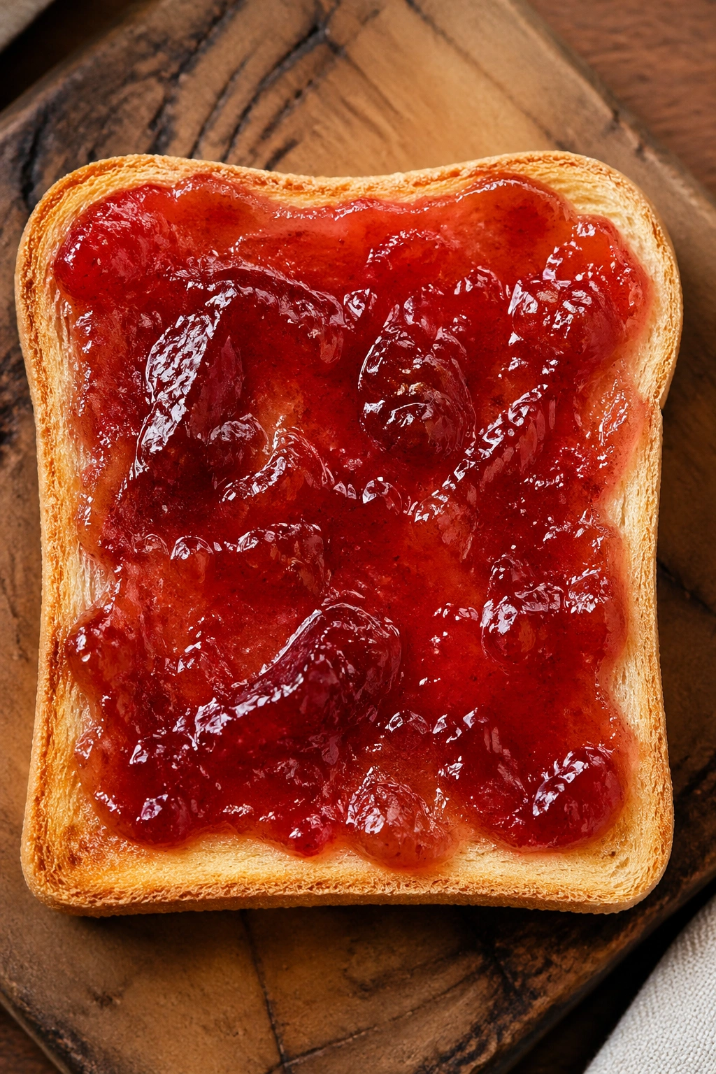Toasted bread with jam on a wooden board