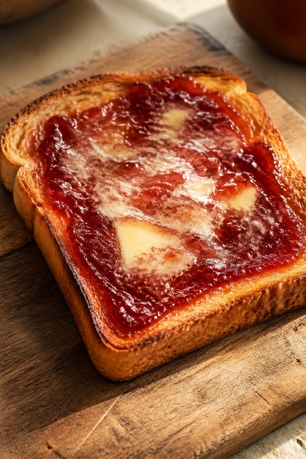 Toast with jam and butter on a wooden board