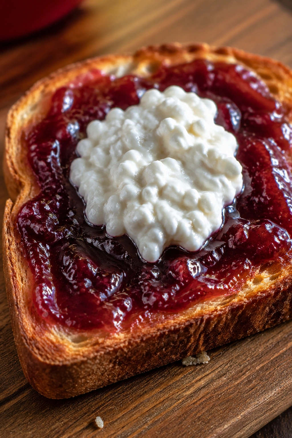 Close-up of toast with jam and cottage cheese on a wooden table