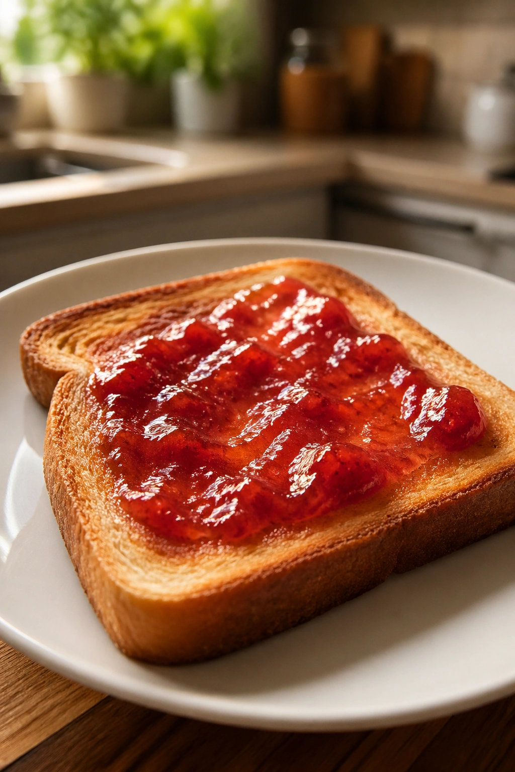 Close-up of a slice of toast with jam on a plate in a warm kitchen