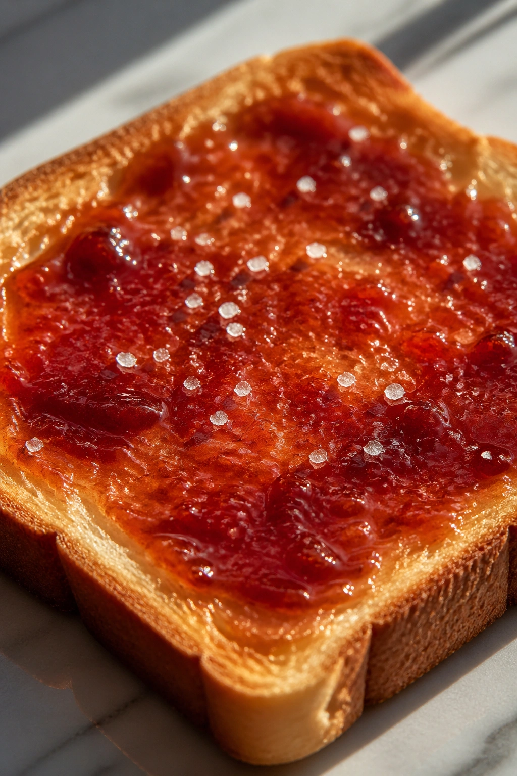 Close-up of toast with jam and a pinch of salt on a kitchen counter