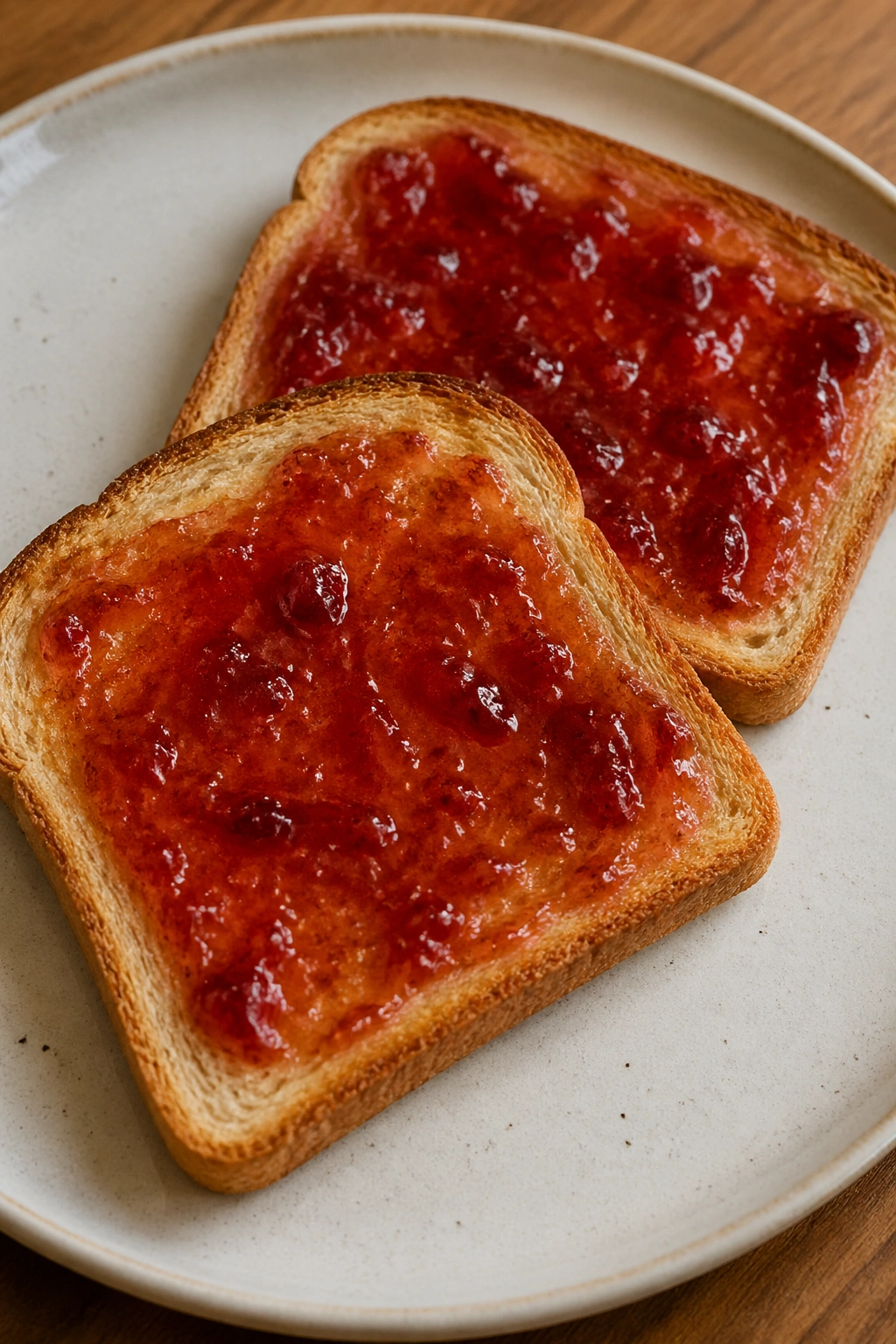 Close-up of two slices of toast with jam on a plate